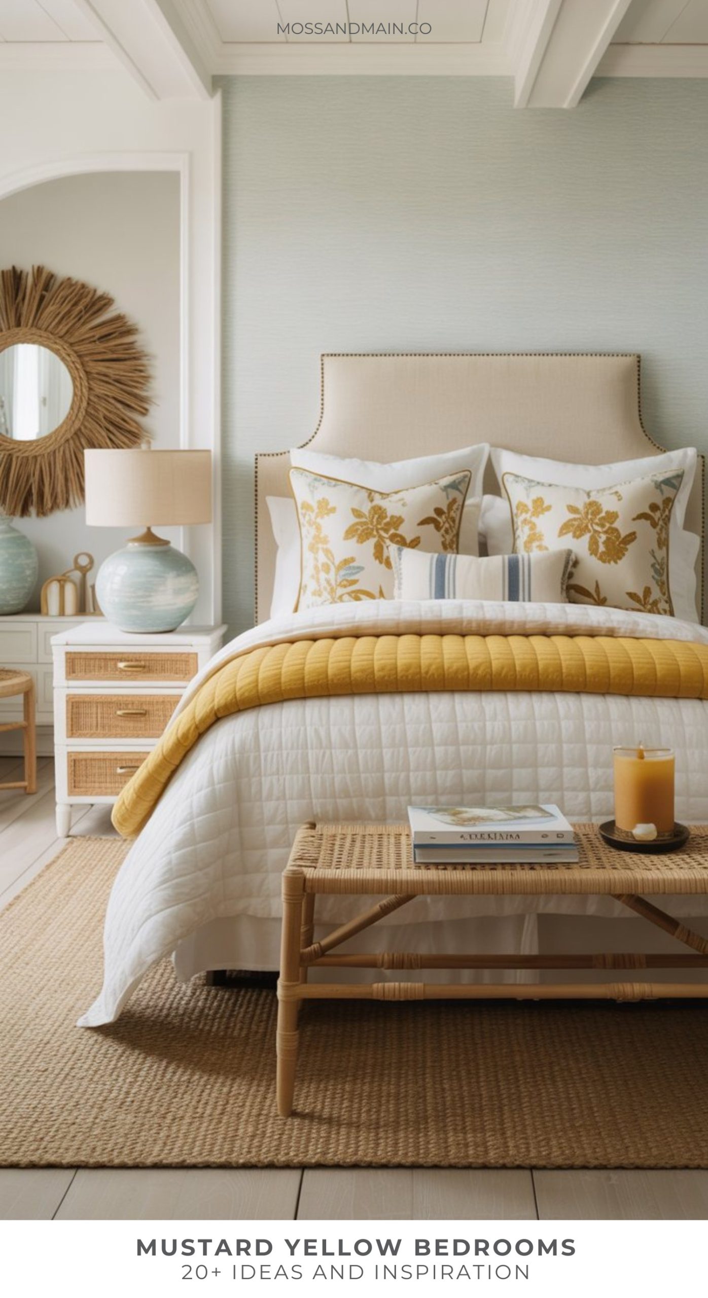 A cozy bedroom with a white bed, mustard yellow throw and floral pillows, a wicker bench, and a nightstand with a blue lamp and round mirror—perfect for those seeking warm, inviting bedroom decor ideas.
