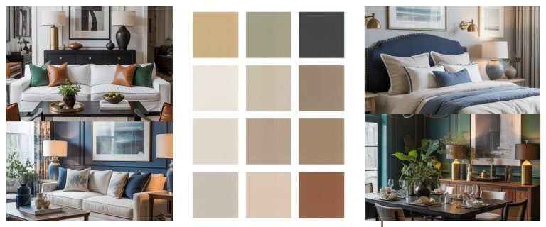 A collage shows living and dining rooms with modern decor in navy, beige, and brown tones, plus a central grid of 12 neutral and earthy color palettes. Each room features elegant furnishings and stylish accessories.