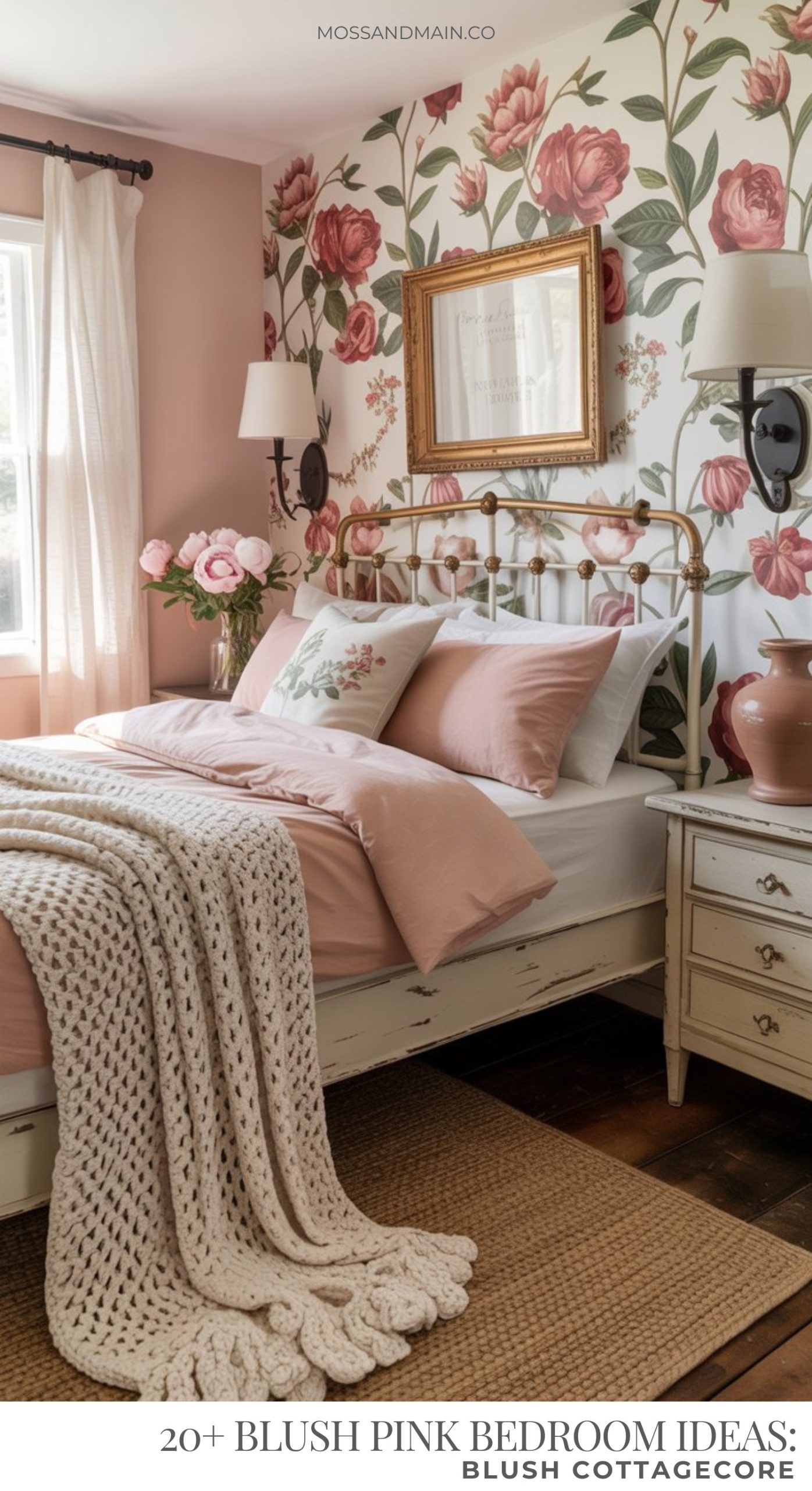 A cozy blush pink bedroom with a chunky knit blanket, vintage brass bed frame, floral wallpaper, a vase of pink flowers, and light filtering through a window with sheer curtains.