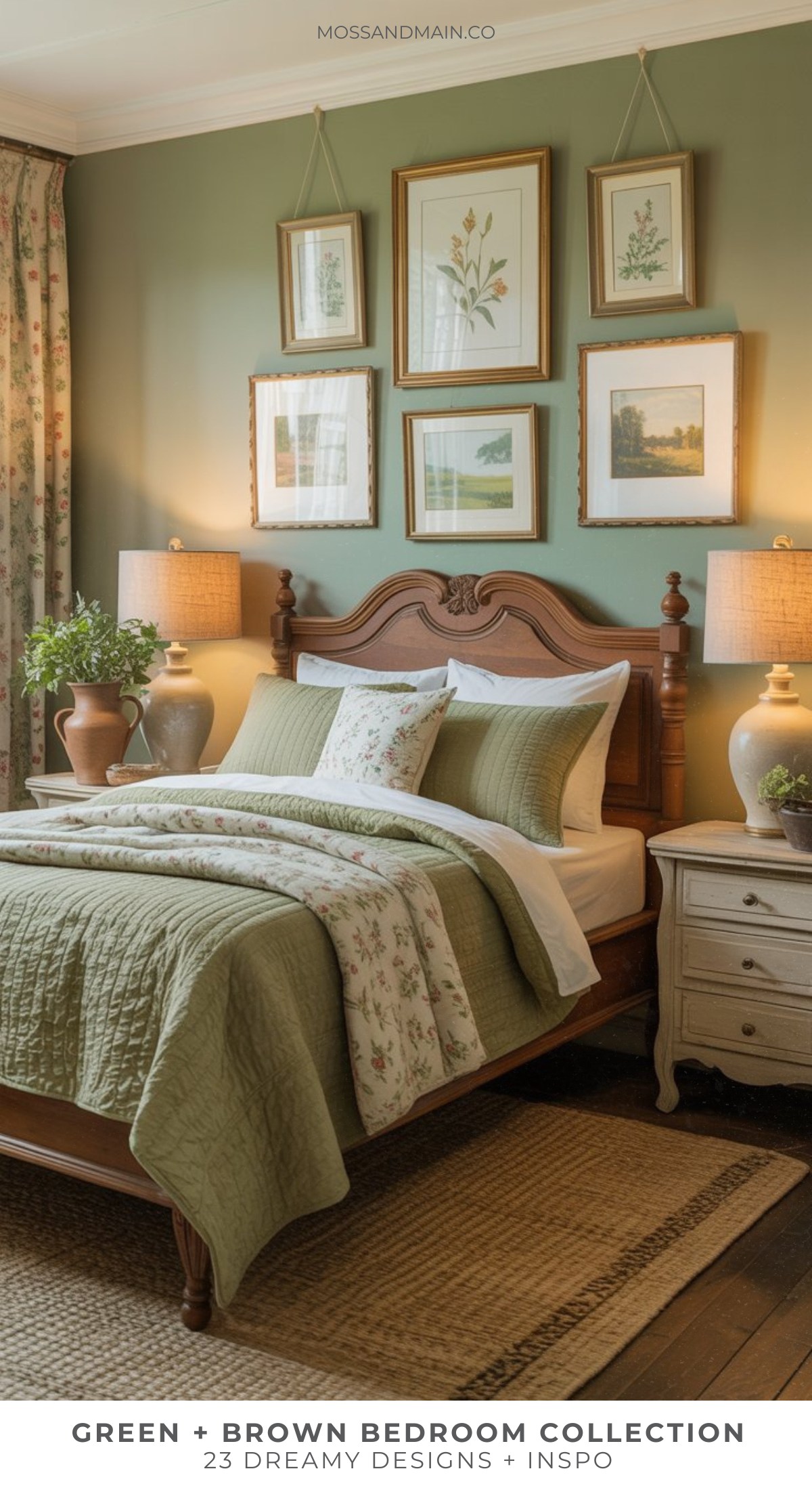 A cozy brown and green bedroom with a wooden bed, green quilted bedding, floral pillows, matching curtains, two bedside tables with lamps, framed botanical art on green walls, and natural light from a window.