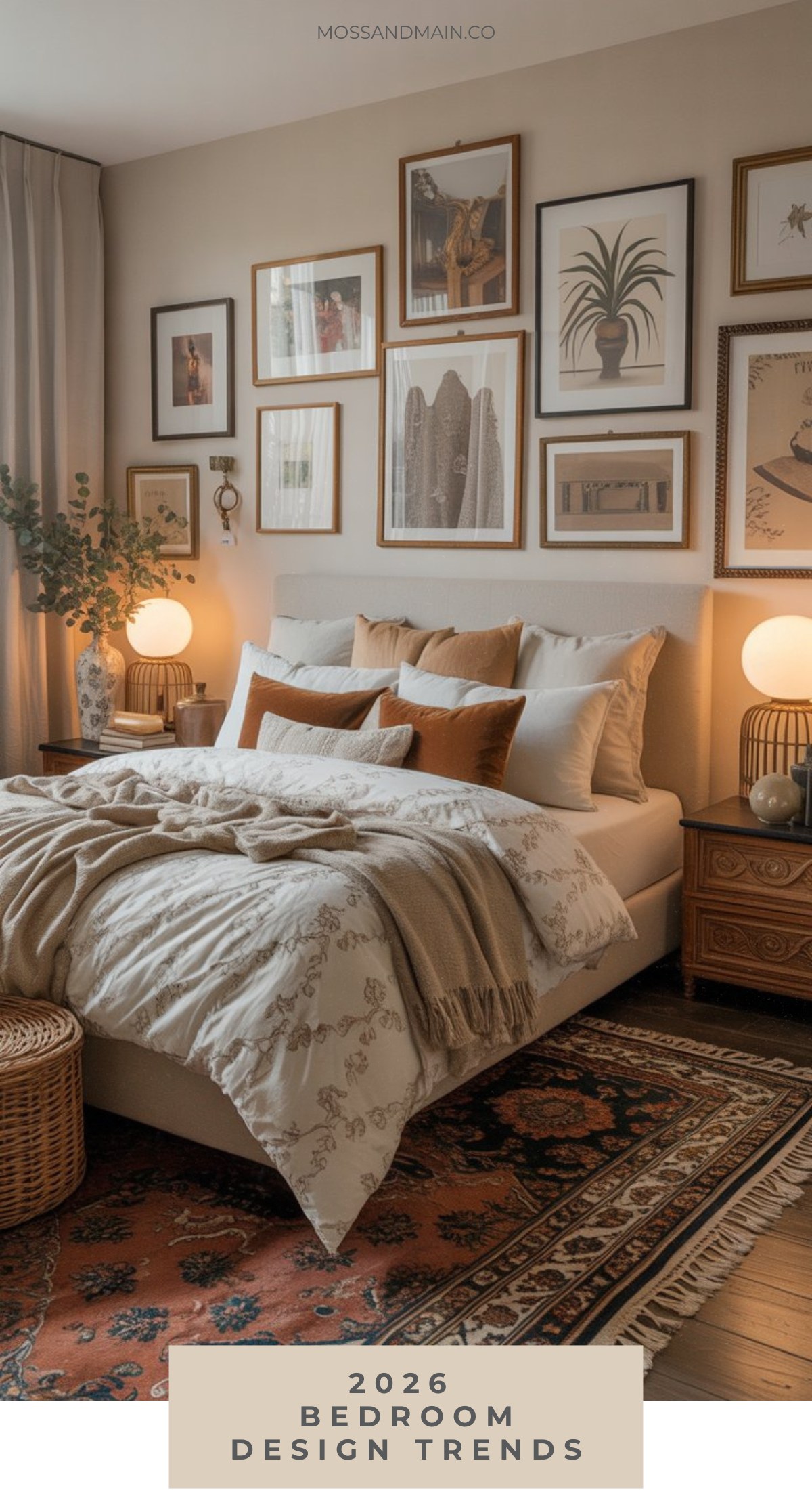 A cozy bedroom with neutral bedding, earth-toned accent pillows, wooden nightstands, warm lamps, a woven basket, an orange patterned rug, and a gallery wall reflects the hottest bedroom design trends. 