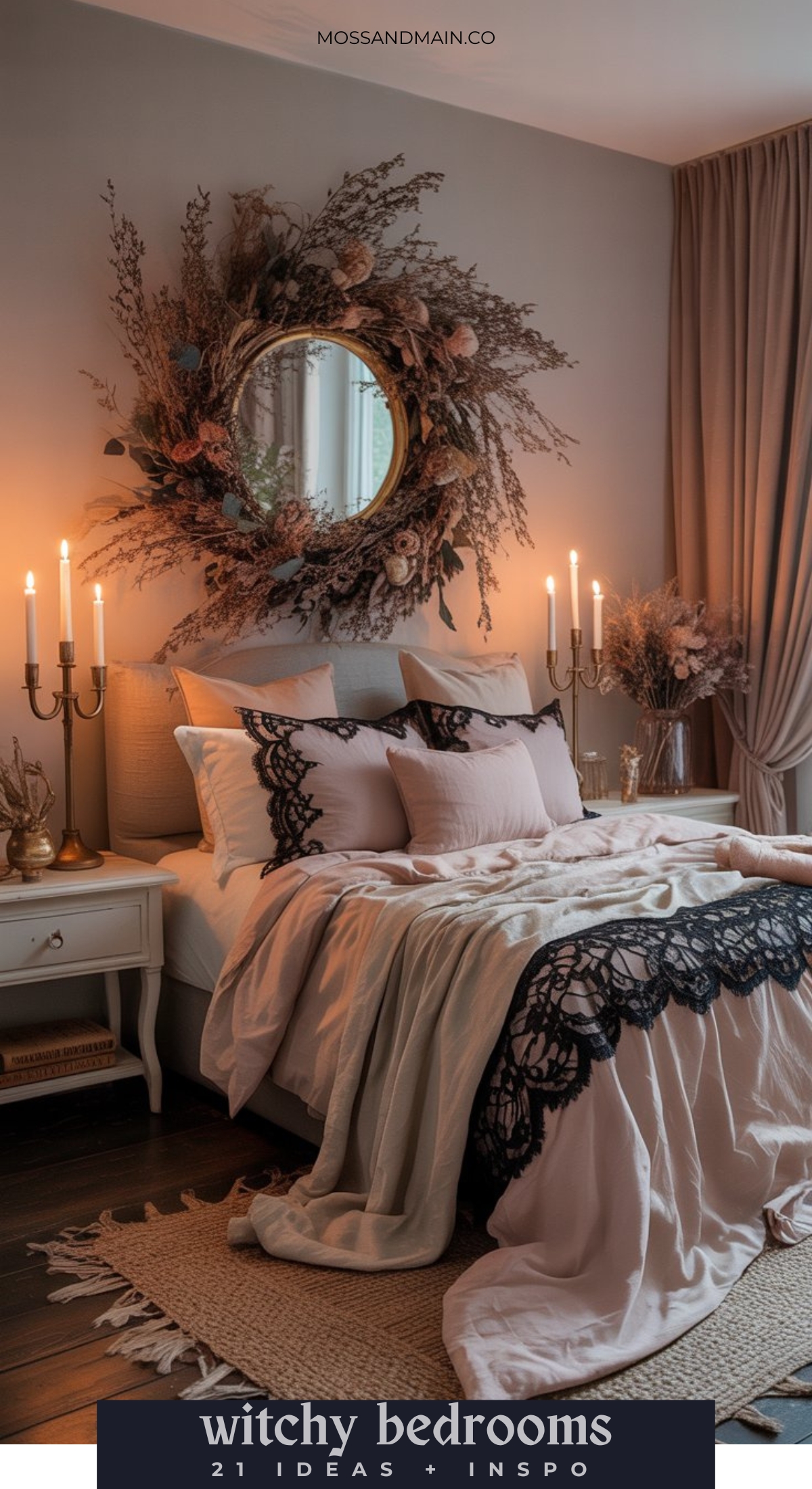 A cozy bedroom with neutral bedding accented by black lace, vintage candelabras, dried floral arrangements, and a round mirror above the bed—perfect inspiration for those seeking witchy bedroom ideas and a mystical atmosphere.