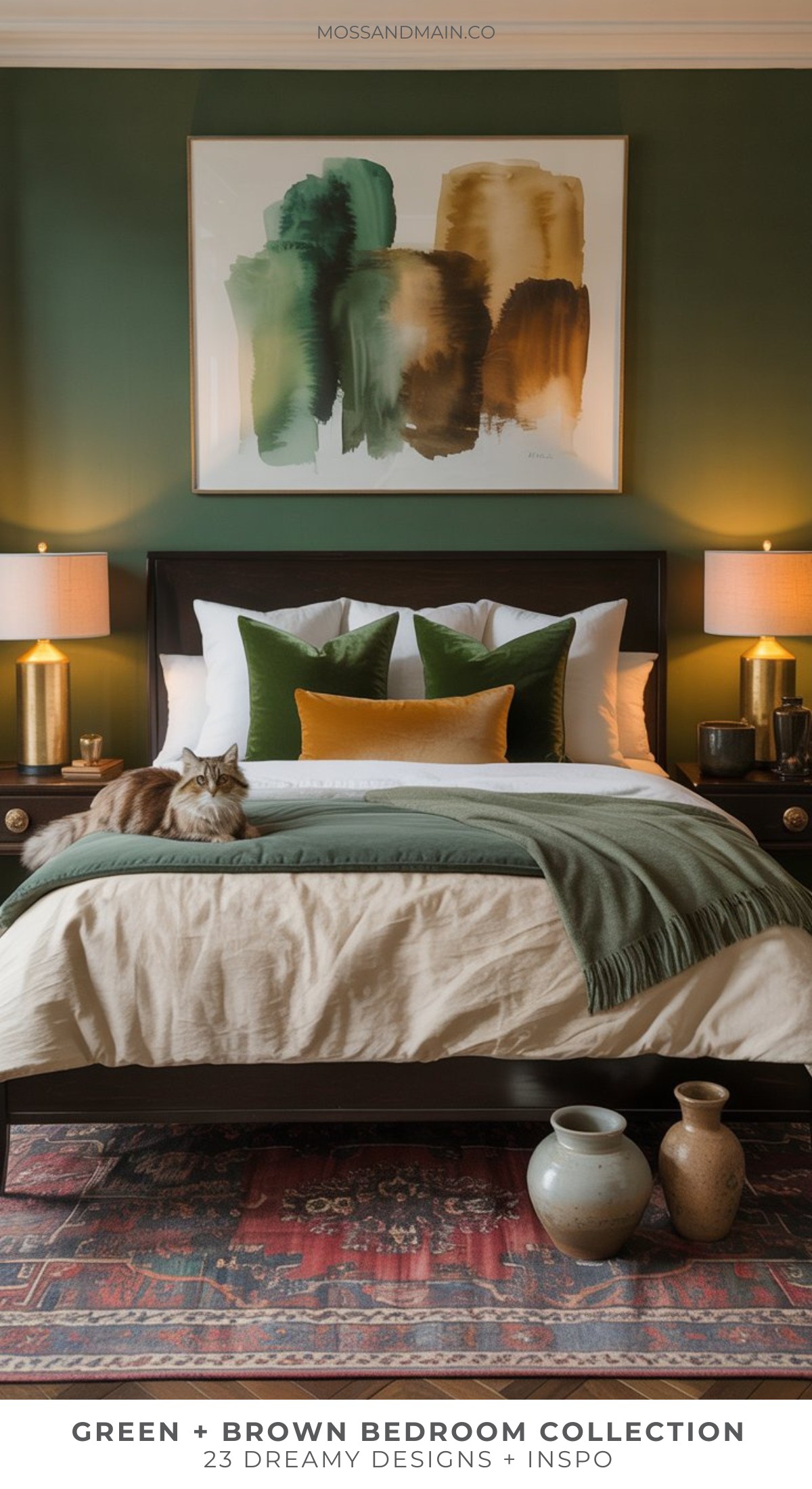A cozy, moody bedroom with green walls, green and gold accent pillows, a cat on the bed, two bedside tables with lamps, abstract art above the bed, and vases set on a red patterned rug—perfect for green bedroom ideas.