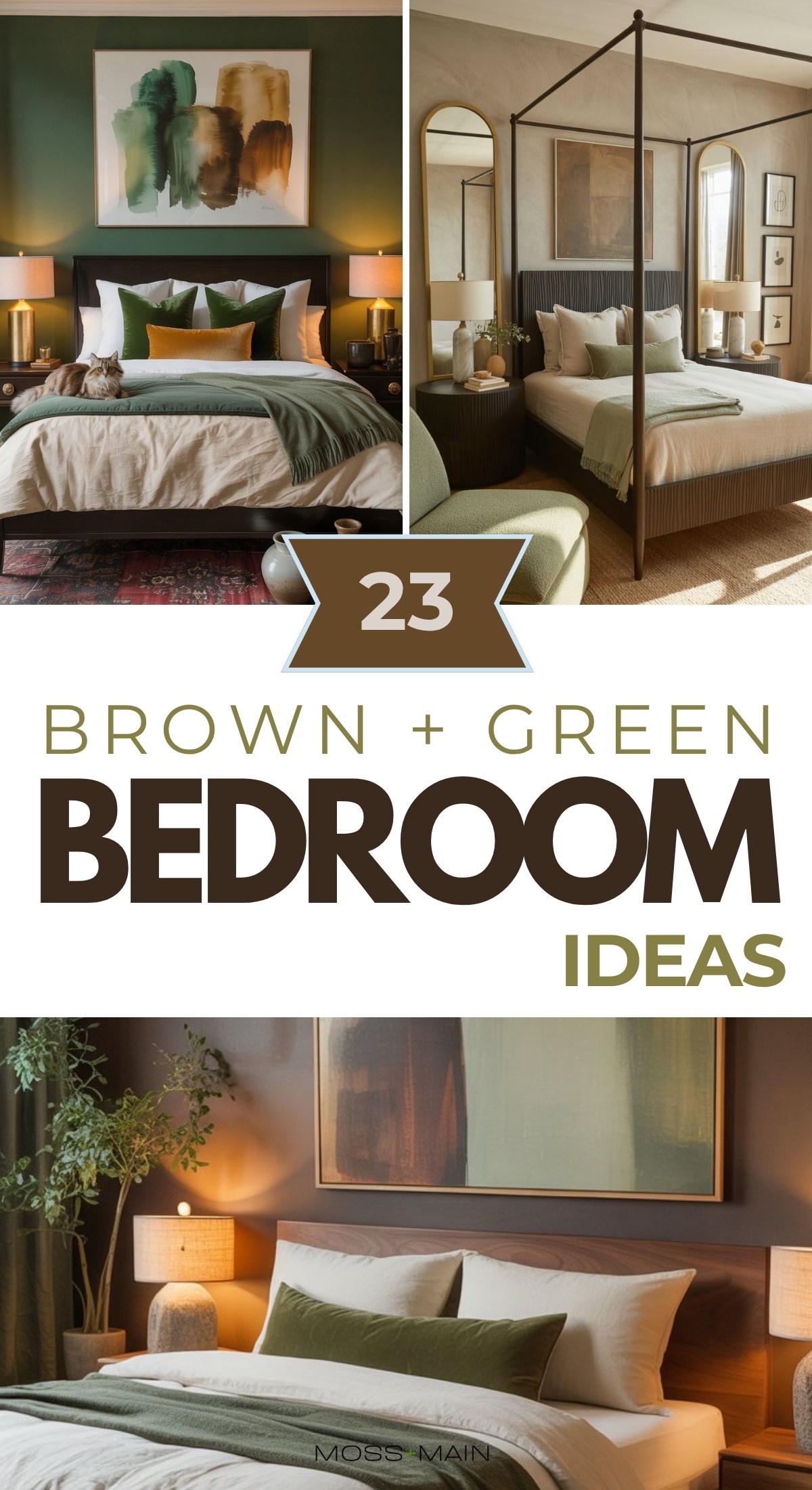 A collage of stylish brown and green bedrooms features modern decor, cozy bedding, and elegant beds, with "23 Brown + Green Bedroom Ideas" displayed prominently in the center.