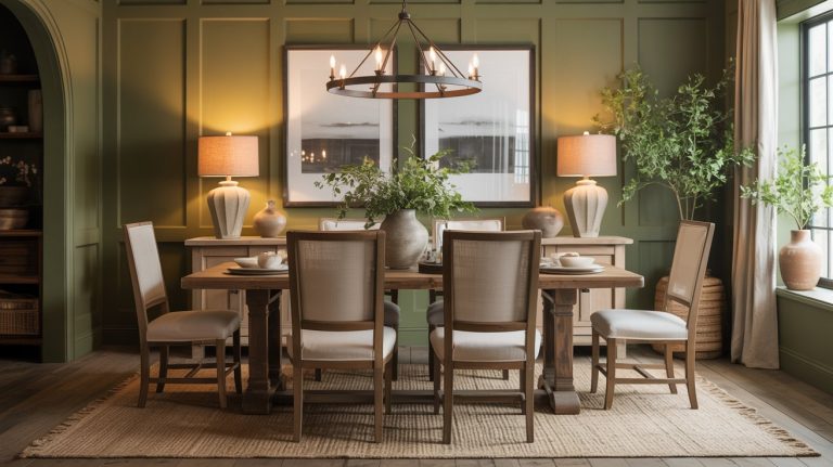 A stylish dark green dining room features a wooden table, six cushioned chairs, paneled walls, two large framed pictures, two table lamps, potted plants, and a black metal chandelier over a neutral rug. Sunlight streams in from a window.