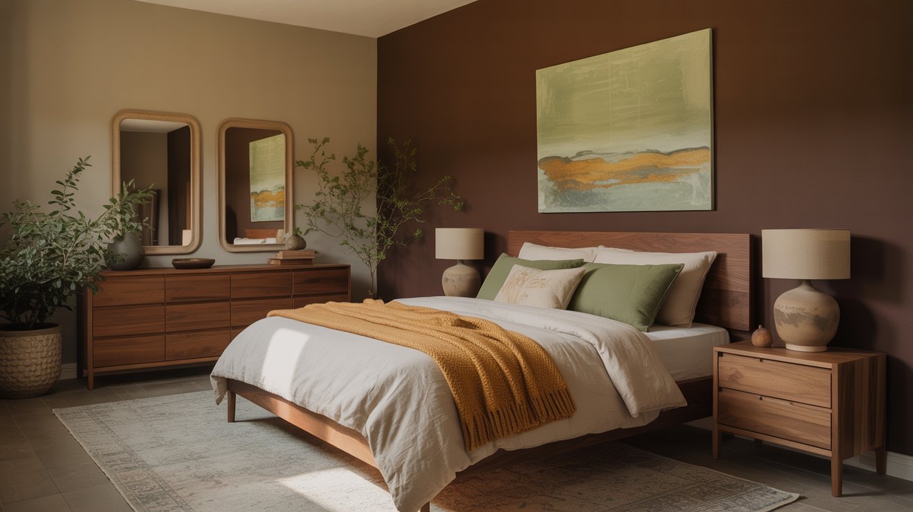 A cozy green bedroom with a wooden bed, green and beige bedding, a yellow throw blanket, modern lamps, dresser with mirrors, potted plants, and an abstract painting on a dark brown accent wall. Natural light brightens the space.