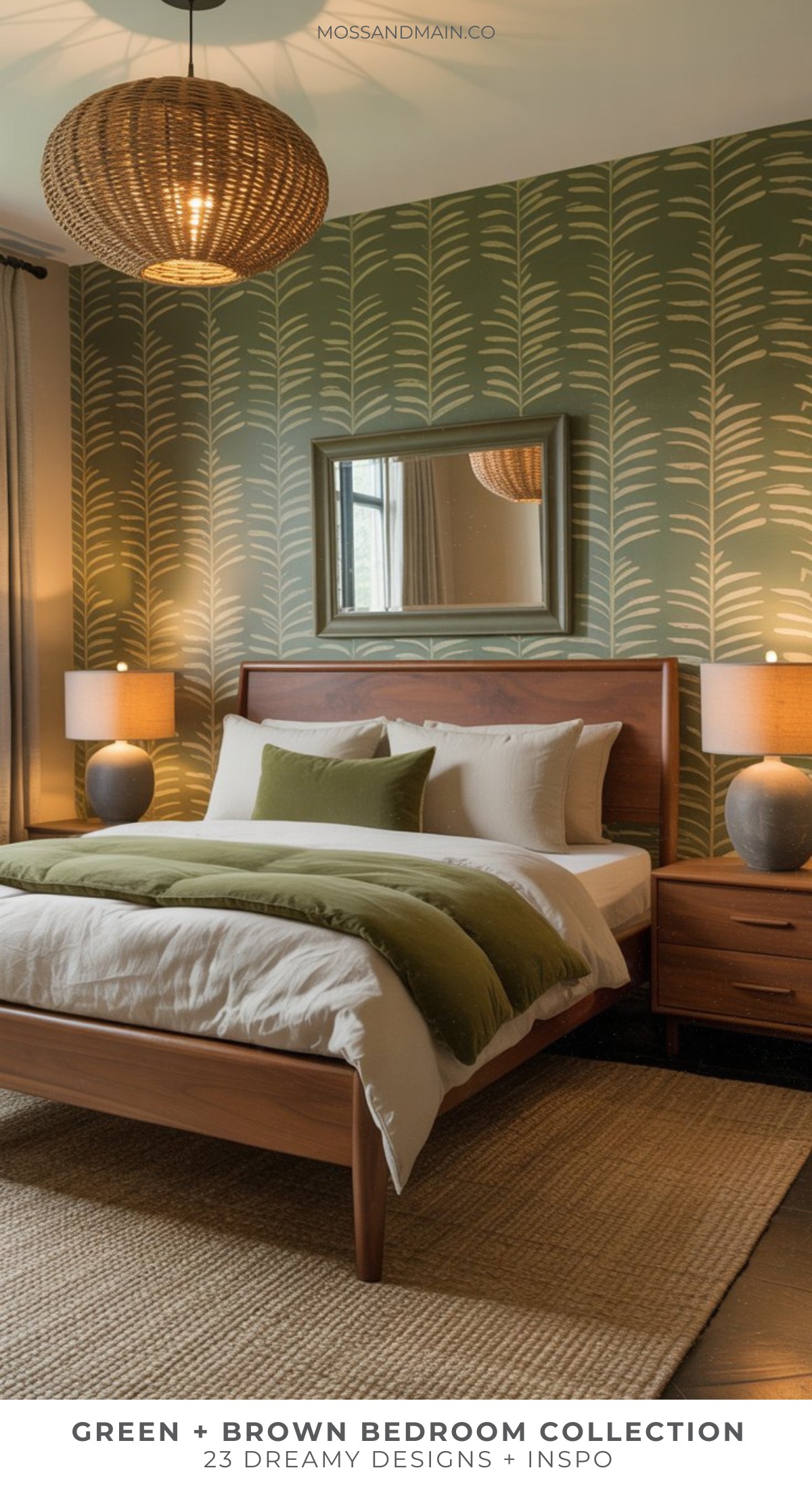 A cozy brown and green bedroom with a modern aesthetic features a wooden bed, green and white bedding, bedside tables with lamps, leafy wallpaper, a round pendant light, and a large mirror above the bed—perfect inspiration for Pinterest.