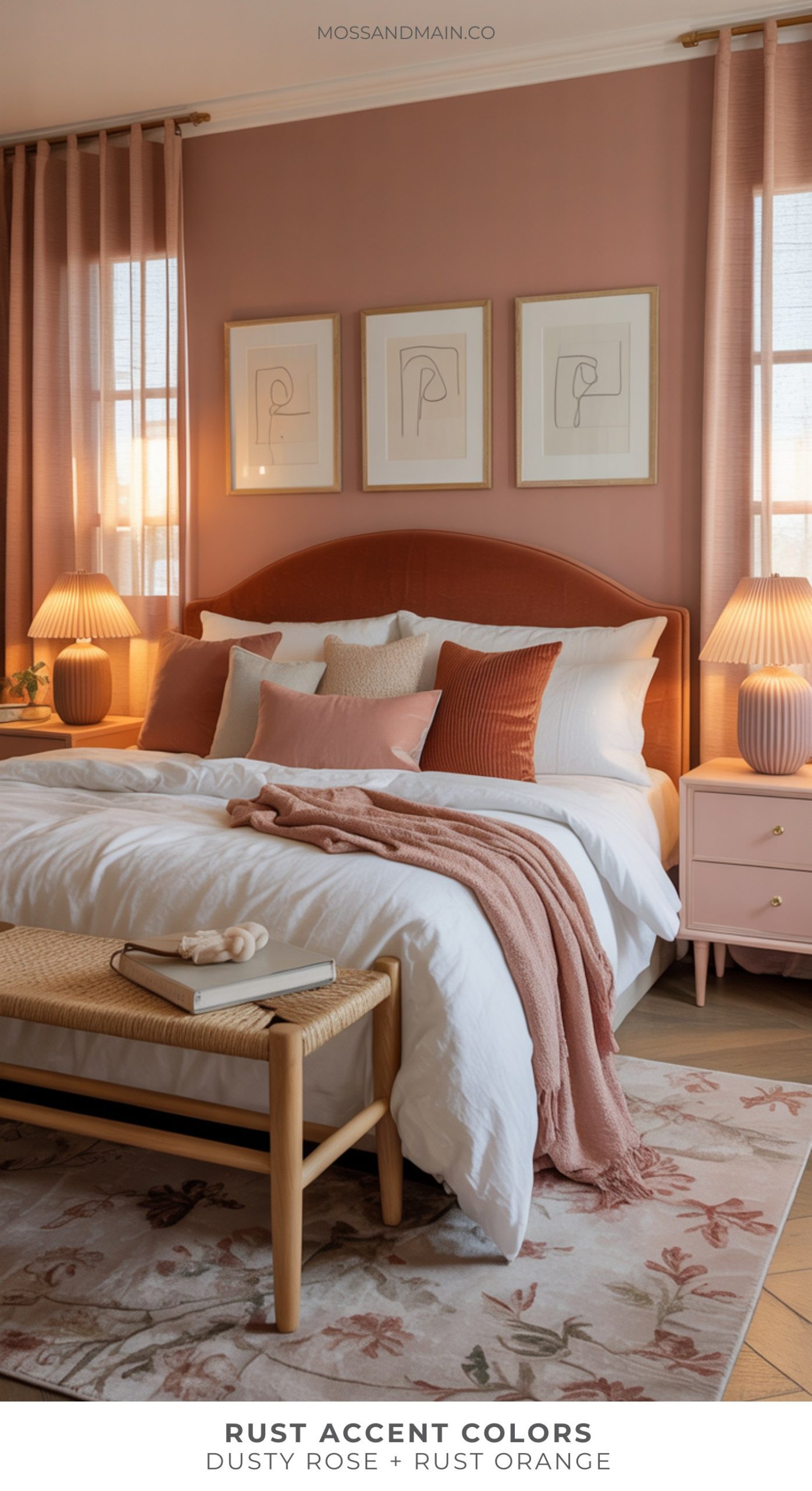 A cozy bedroom features a rust-colored headboard and rust accent colors throughout, from dusty rose and rust orange pillows to a blush throw blanket and floral rug. Light pink curtains and framed minimalist art hang above the bed.