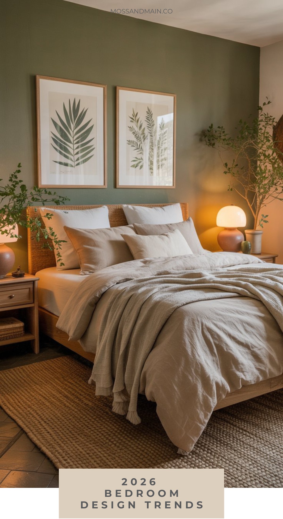 A cozy bedroom with earthy tones, featuring a bed with neutral bedding, wooden nightstands, potted plants, warm lighting, and framed botanical prints on a green accent wall—showcasing the latest bedroom design trends. Text at the bottom reads 2026 Bedroom Design Trends.
