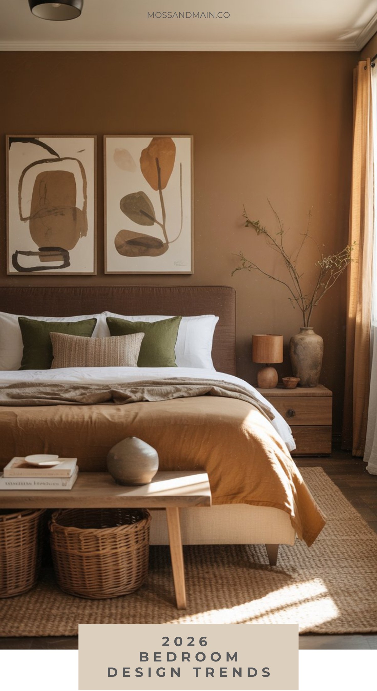 A cozy bedroom featuring brown walls, modern abstract art, earth-tone bedding, green accent pillows, and a wooden bench with baskets. Natural light filters through beige curtains. Text reads 2026 Bedroom Design Trends, highlighting the latest bedroom design trends.
