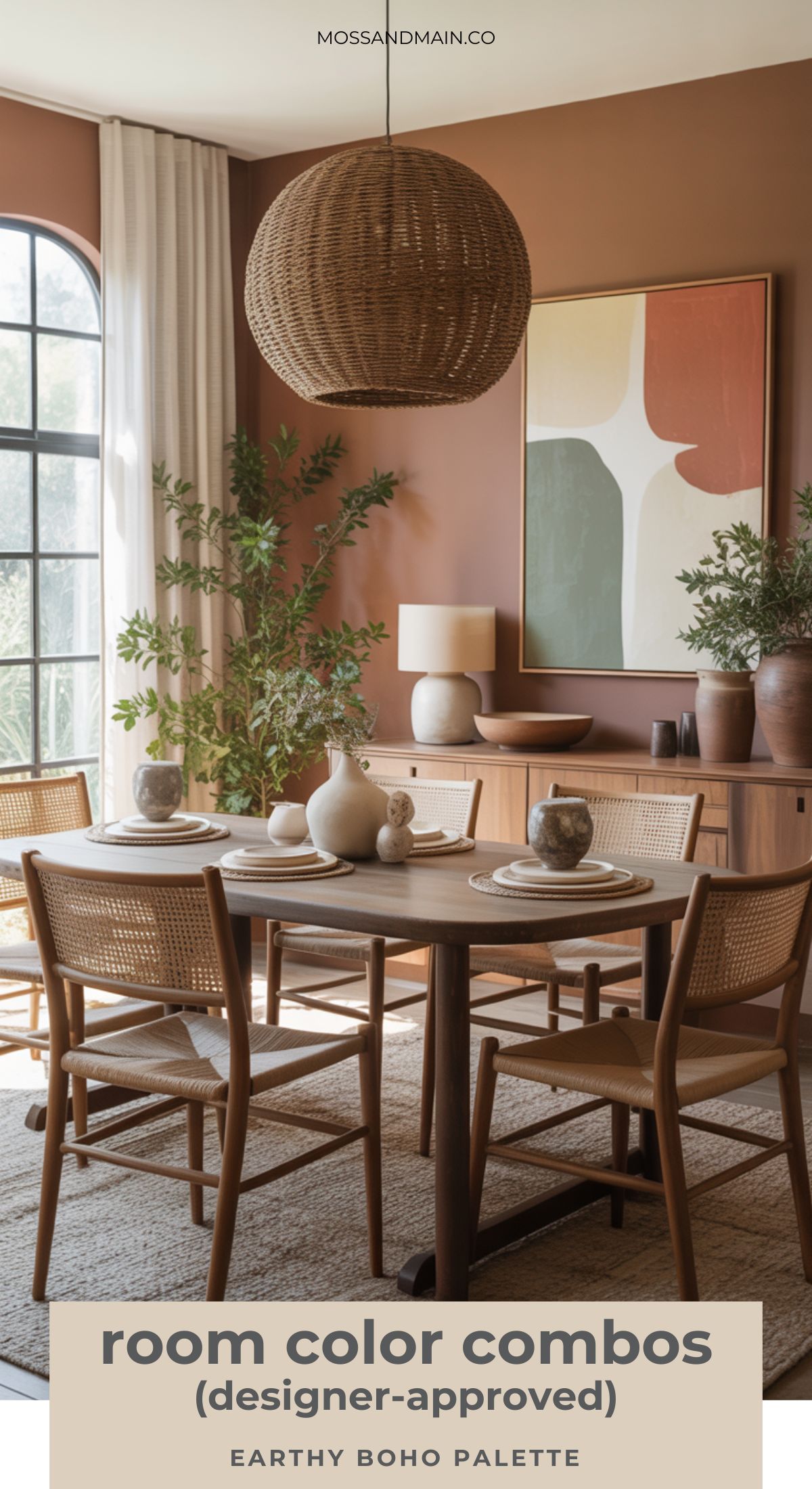 A dining room with earth-toned walls, wicker chairs, a wooden table, potted plants, abstract wall art, and a woven pendant light creates a cozy, boho vibe. Text reads: designer-approved color palettes (interior design inspo).