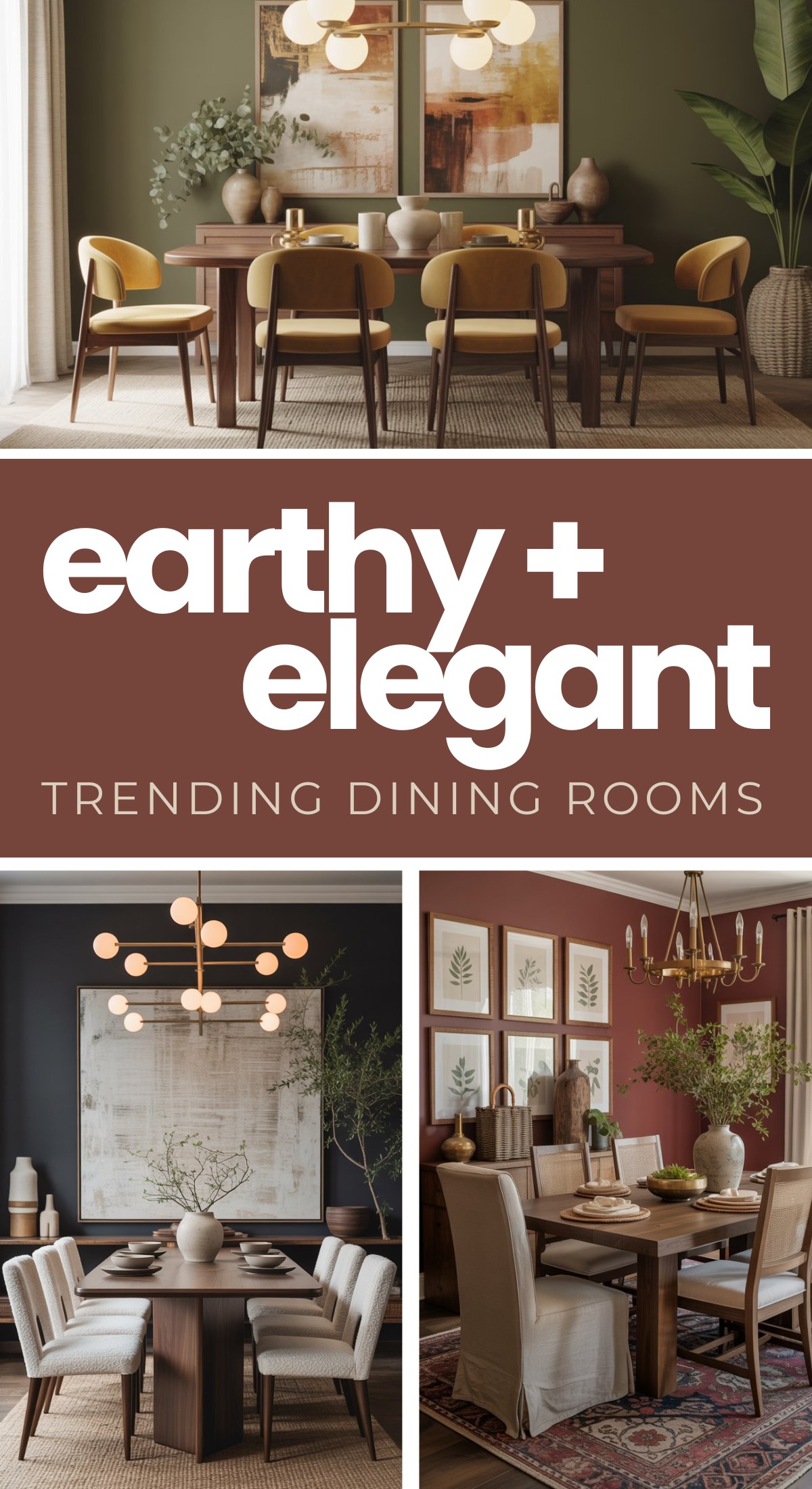 A collage featuring stylish earthy dining rooms with elegant decor, wooden tables, modern lighting, plants, and framed artwork. The text reads: earthy + elegant TRENDING DINING ROOMS.