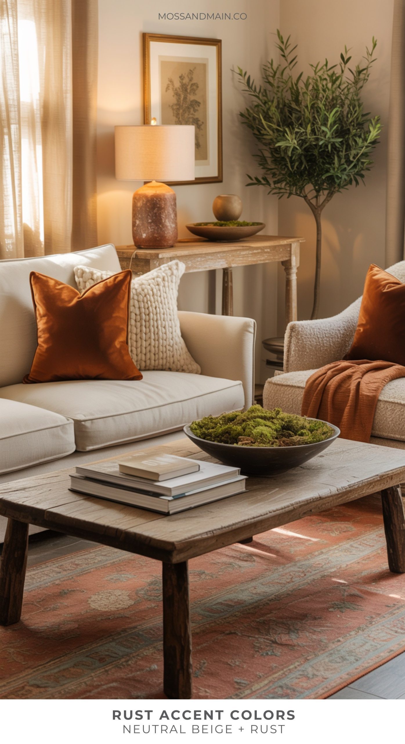 A cozy living room with beige sofas, rust-colored pillows, rustic wooden coffee table, moss centerpiece, indoor tree, and warm natural light. Text reads: Rust Accent Colors. Neutral Beige + Rust home decor.