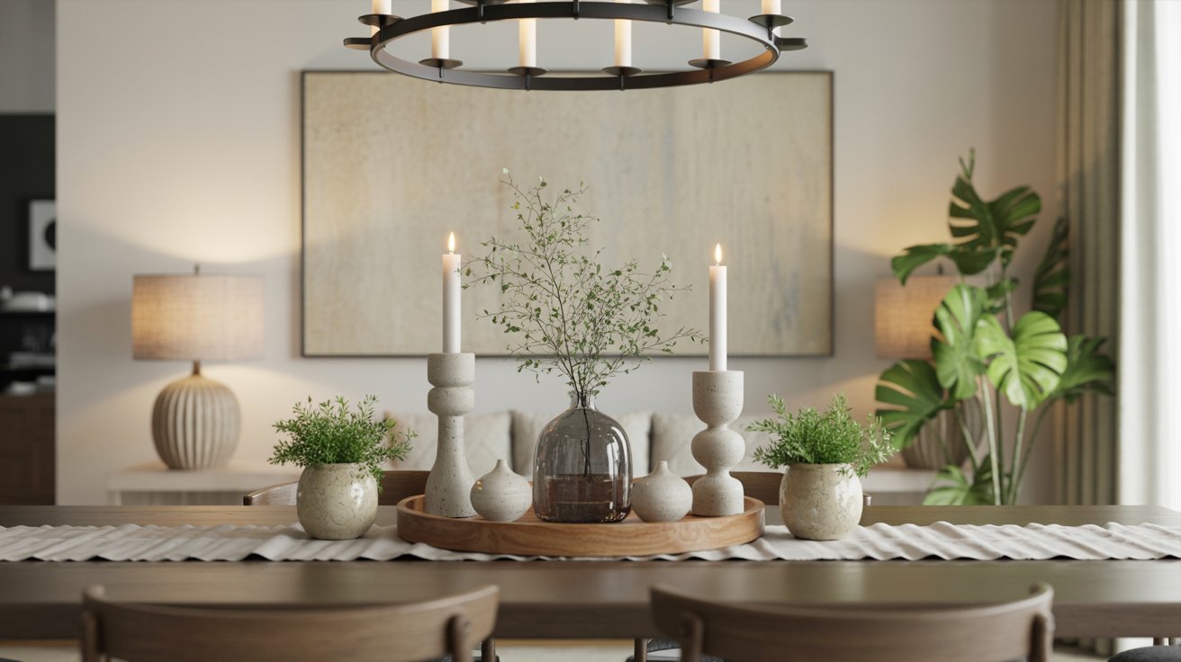 A modern dining table is decorated with a wooden tray holding two candles, a glass vase with greenery, and small potted plants. In the background are lamps, a large abstract painting, and a leafy plant.