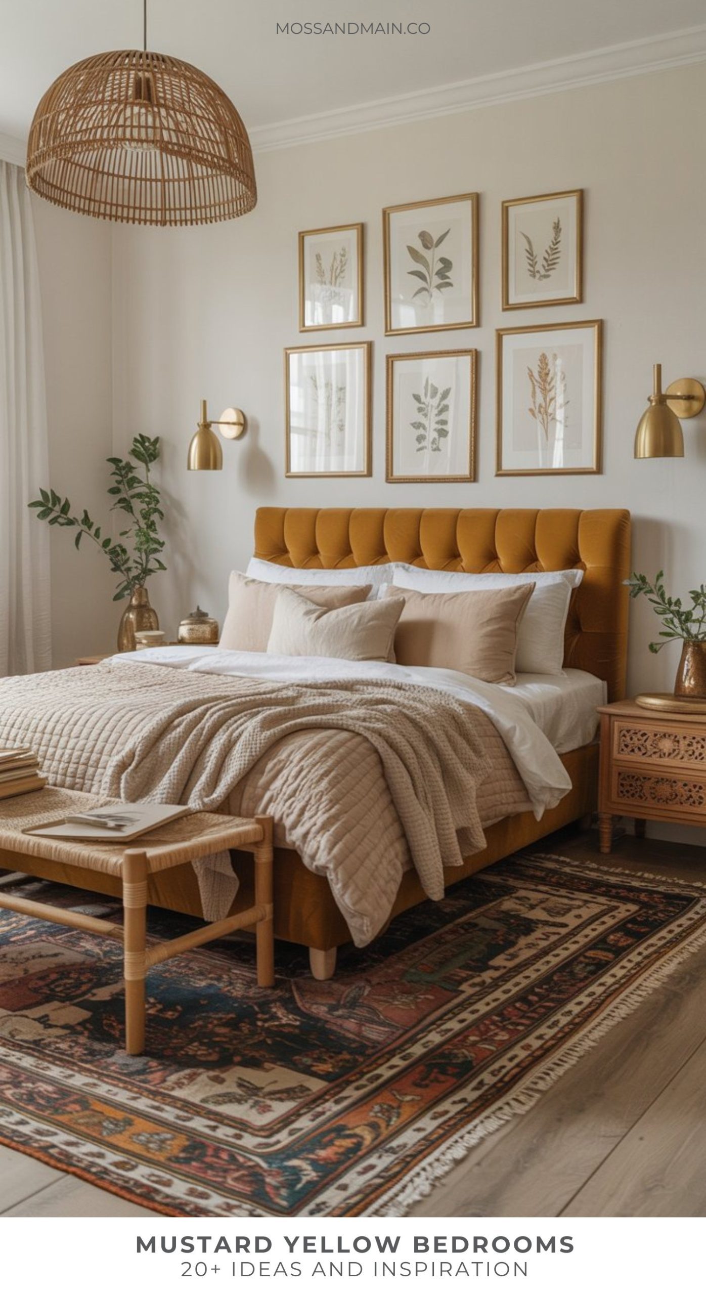 A cozy bedroom with a mustard yellow upholstered bed, layered neutral bedding, and nightstands. Inspiring bedroom ideas include botanical prints above the bed, gold sconces, lush plants, and a woven pendant light for added warmth.