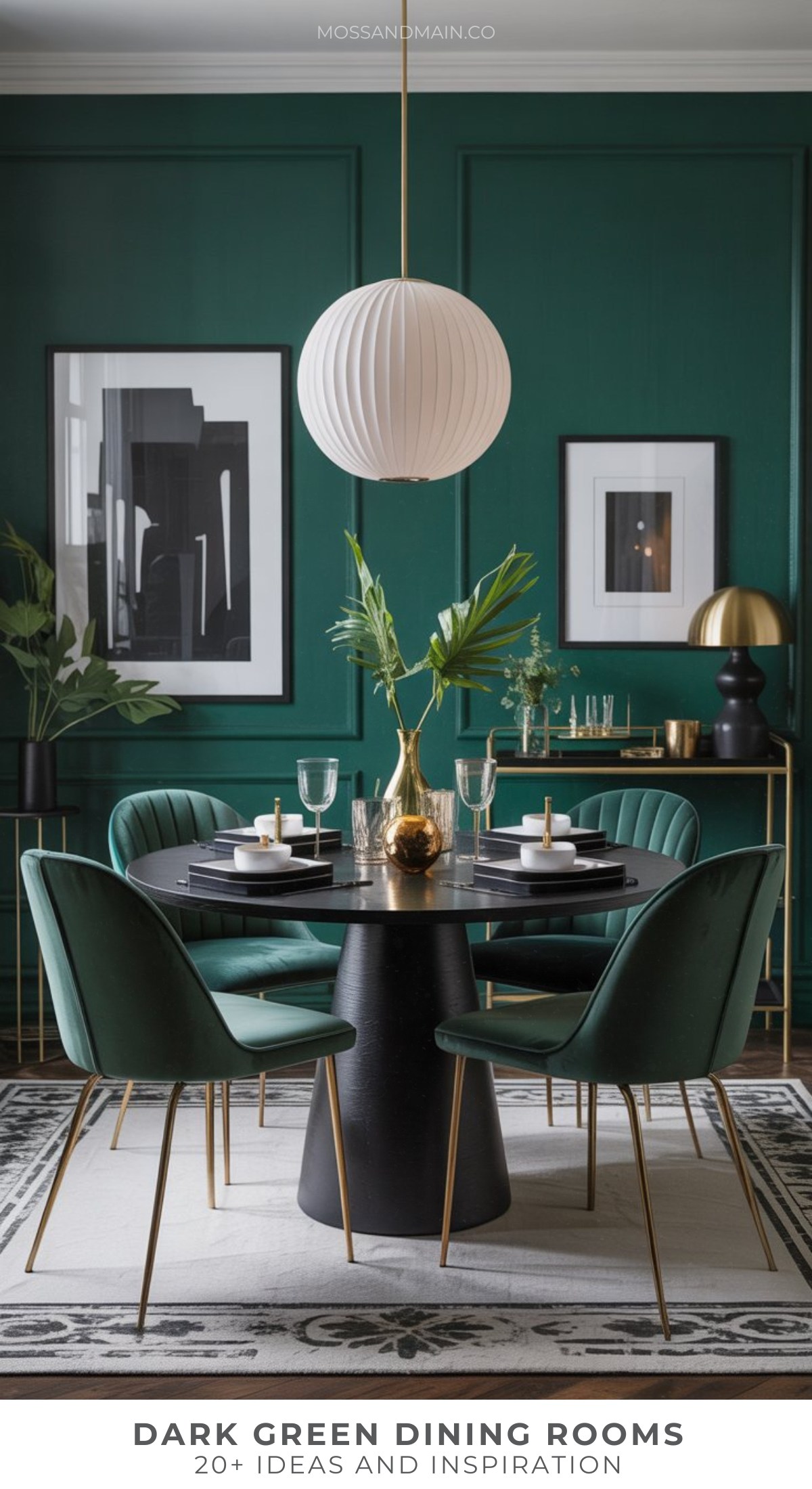 A modern dark green dining room features a round black table, green velvet chairs with gold legs, a white pendant light, gold decor accents, and framed wall art, creating a stylish and elegant atmosphere.