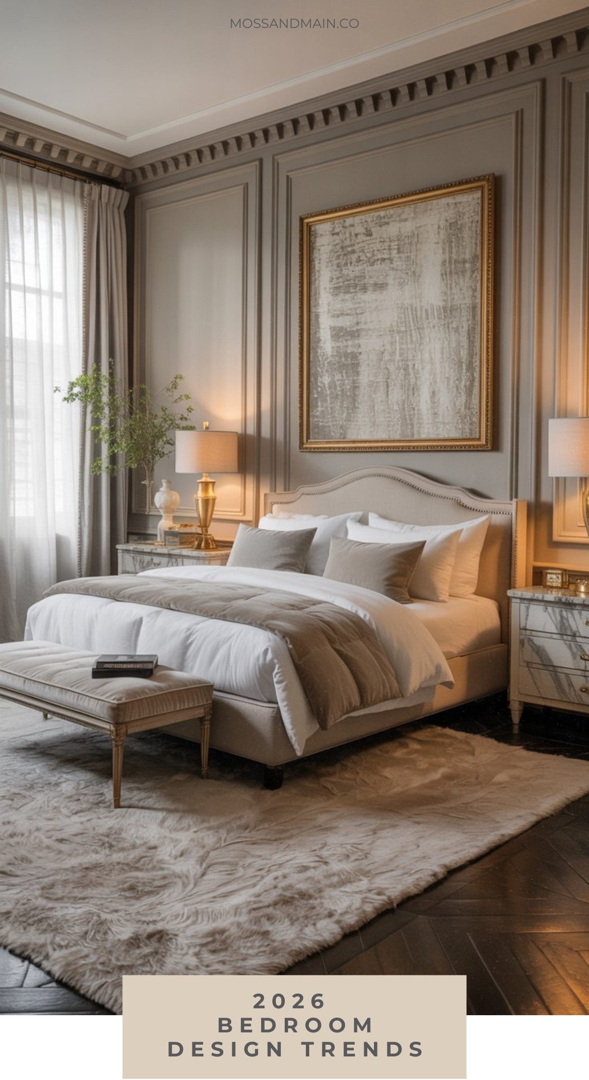 Elegant bedroom with neutral tones, featuring a plush bed, marble nightstands, gold accents, and modern abstract art—showcasing the latest bedroom design trends for 2026. Soft lighting and tall windows add warmth to this inviting space.
