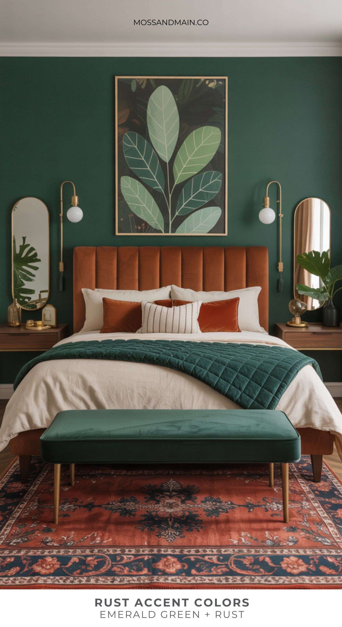 A stylish bedroom with rust accent colors, an emerald green accent wall, rust-colored headboard and bench, mid-century nightstands, gold sconces, leafy wall art, and an emerald quilt on a rust and navy rug. Text: “Rust Accent Colors: Emerald Green + Rust.”.