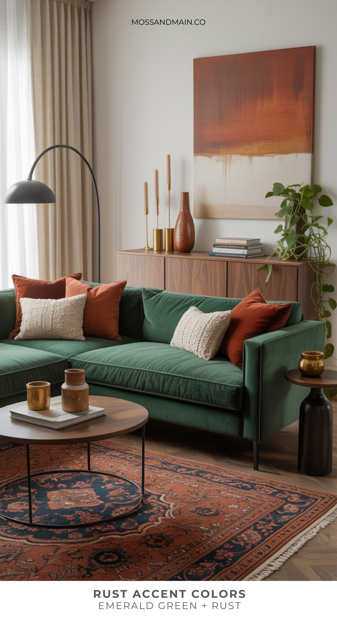 A modern living room with a green velvet sofa, rust and cream pillows, a rust-patterned rug, gold and wood decor, a floor lamp, and abstract rust artwork above a wood sideboard with plants. Text reads: RUST ACCENT COLORS—rust home decor in emerald green + rust.