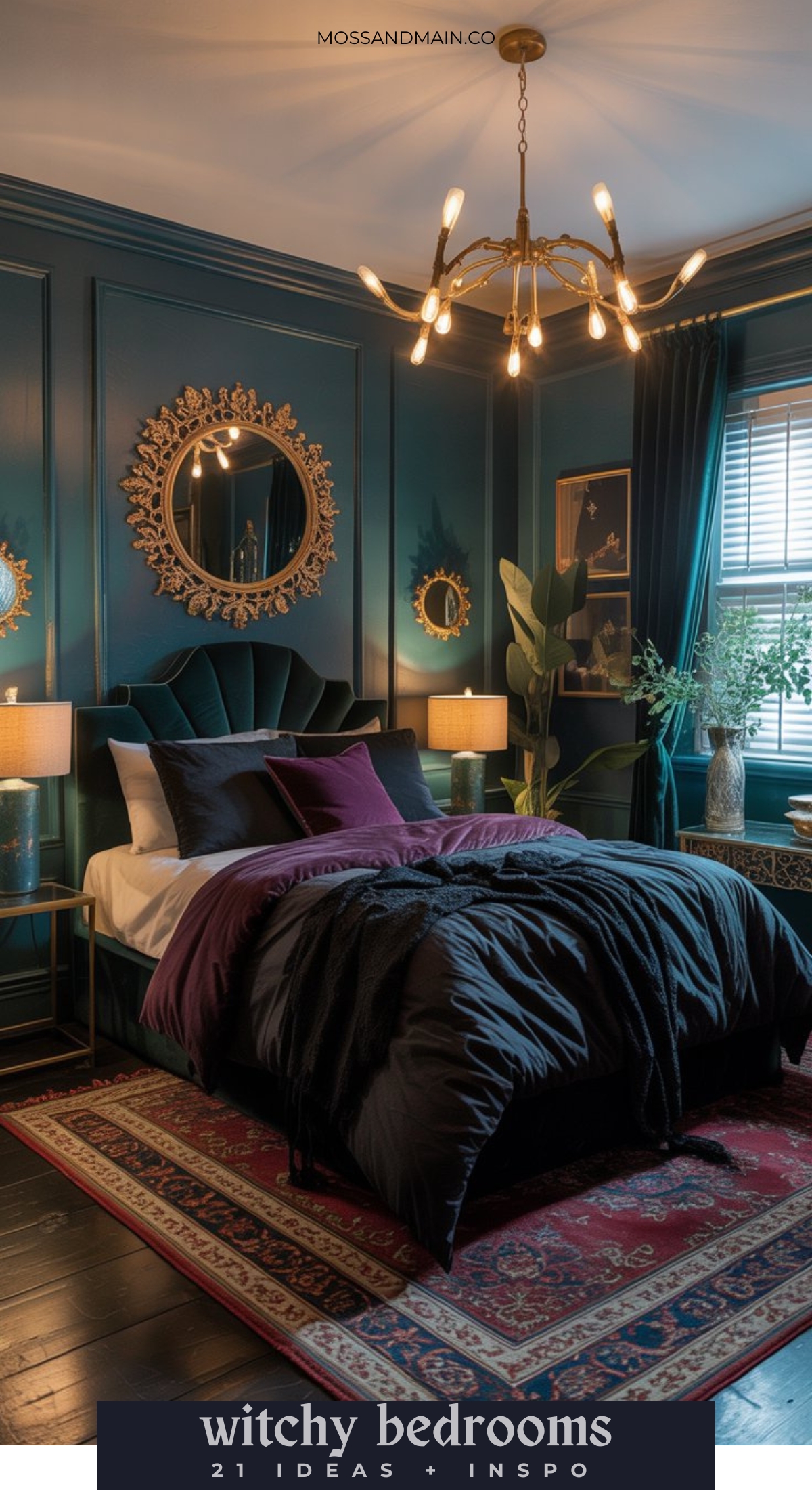 A dark, moody bedroom with teal paneled walls, a velvet bed, ornate gold mirror, vintage rug, chandelier, and lush plants—perfect inspiration for anyone seeking dramatic witchy bedroom ideas.
