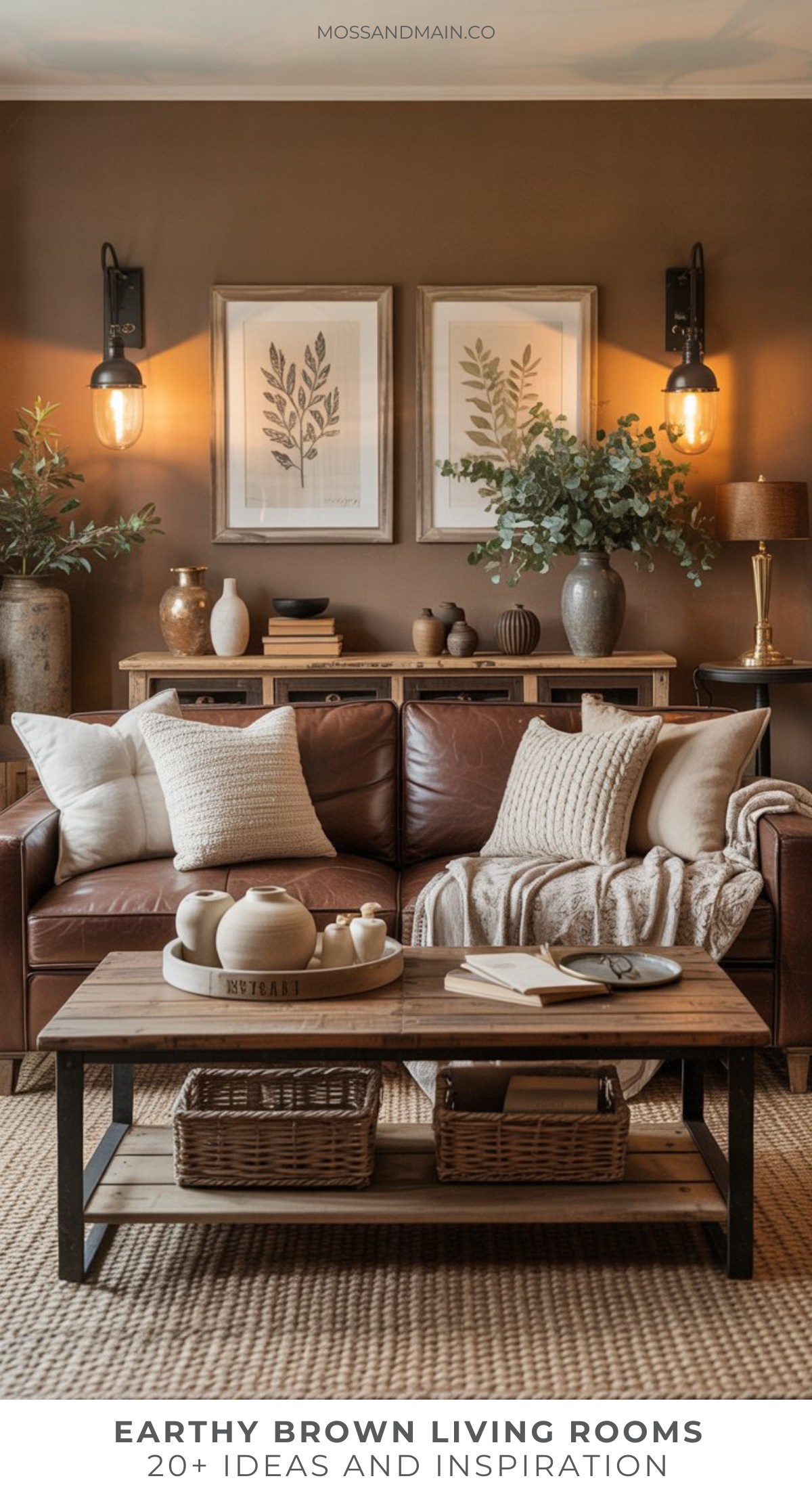 A cozy brown living room with a leather sofa, neutral pillows and throws, rustic wood coffee table, woven baskets, plants, framed botanical prints, and warm lighting—perfect inspiration for inviting brown living room ideas.