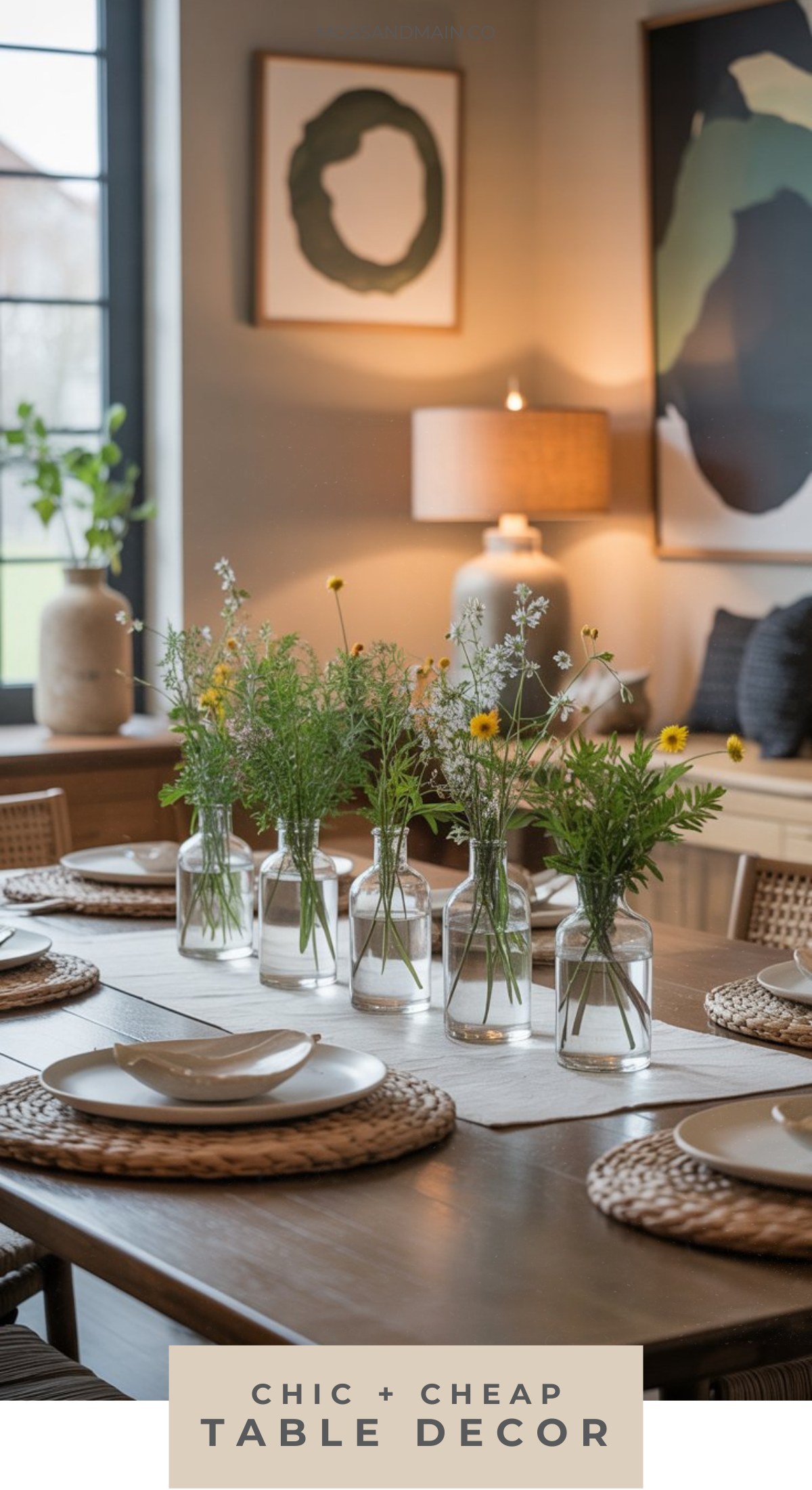 A wooden dining table is set with woven placemats, neutral dishes, and six glass vases holding wildflowers—perfect organic chic dining room table decor. Modern wall art, a lamp, and potted plants complete this chic + cheap table decor look.