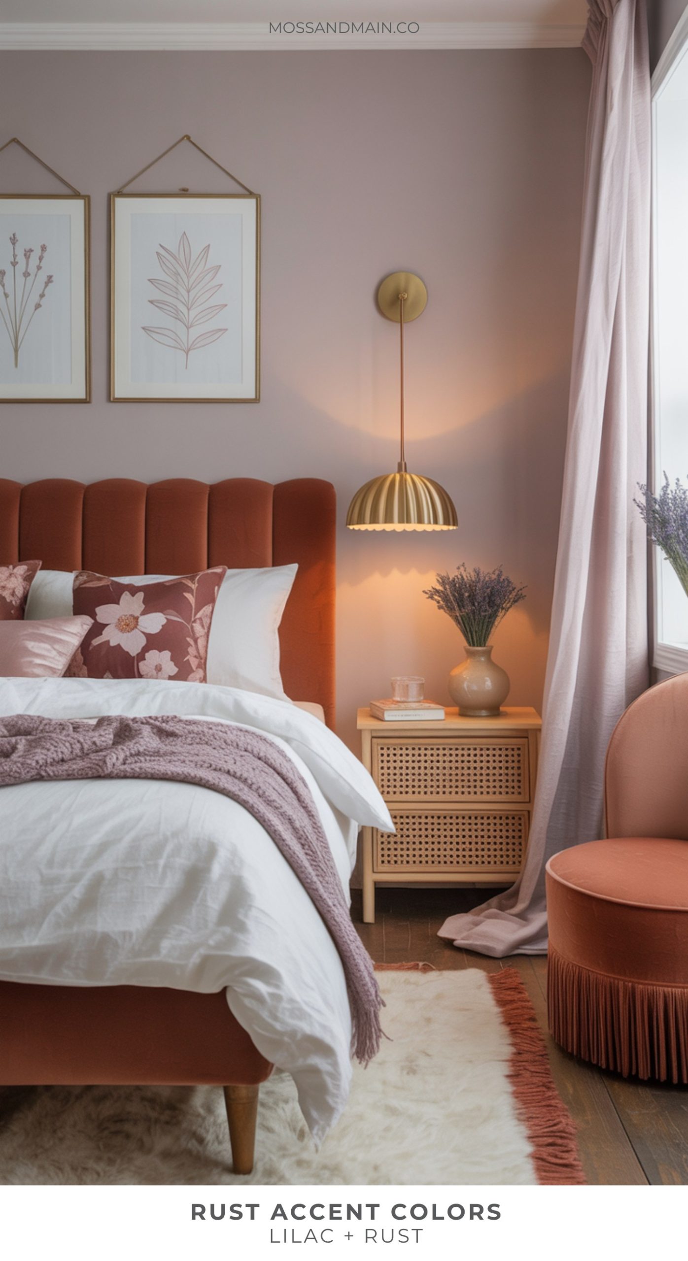 A cozy bedroom with rust accent colors featuring a rust-colored bed and chair, white bedding, lilac throw blanket, gold lamp, and lilac curtains. Wall art and lavender flowers finish the soft, modern look. Text reads, RUST ACCENT COLORS LILAC + RUST.