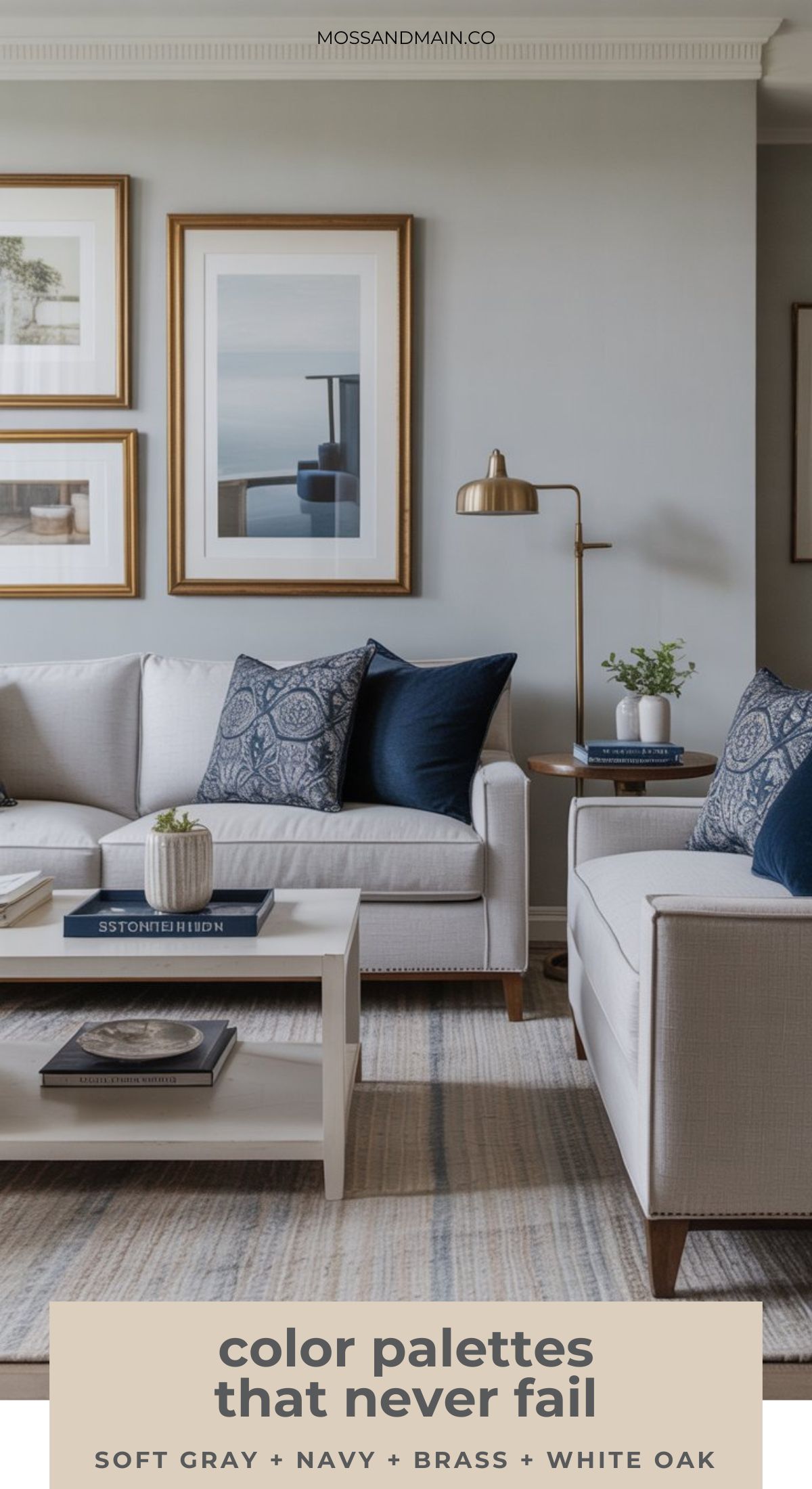 A modern living room with light gray sofas, navy blue patterned pillows, and a white coffee table highlights smart home decor. Brass lamp and white oak accents offer decorating tips for a stylish yet cozy space.