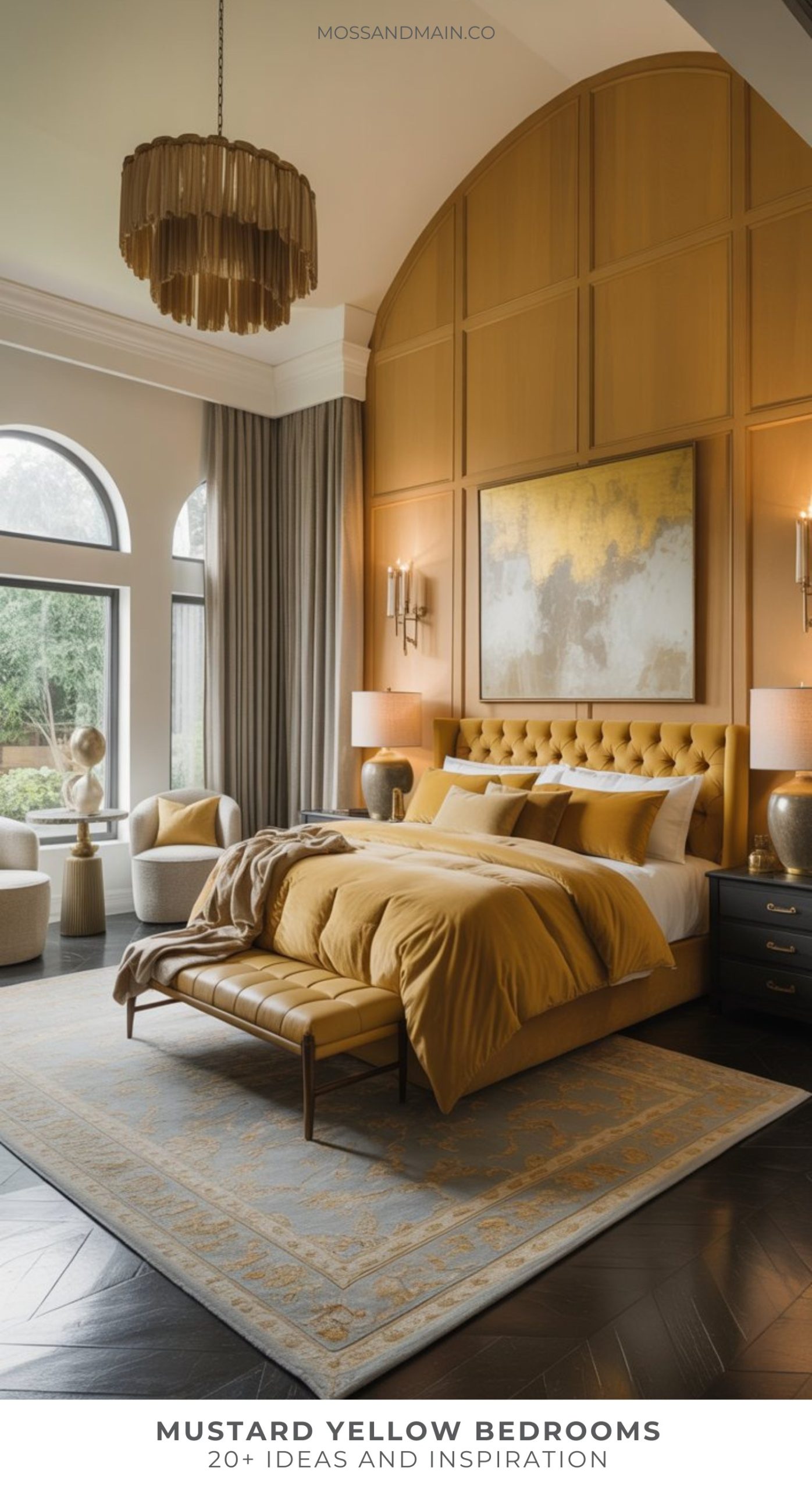 A luxurious mustard yellow bedroom with arched windows, a gold chandelier, gray rug, and elegant bedroom decor ideas creates a warm and inviting atmosphere.