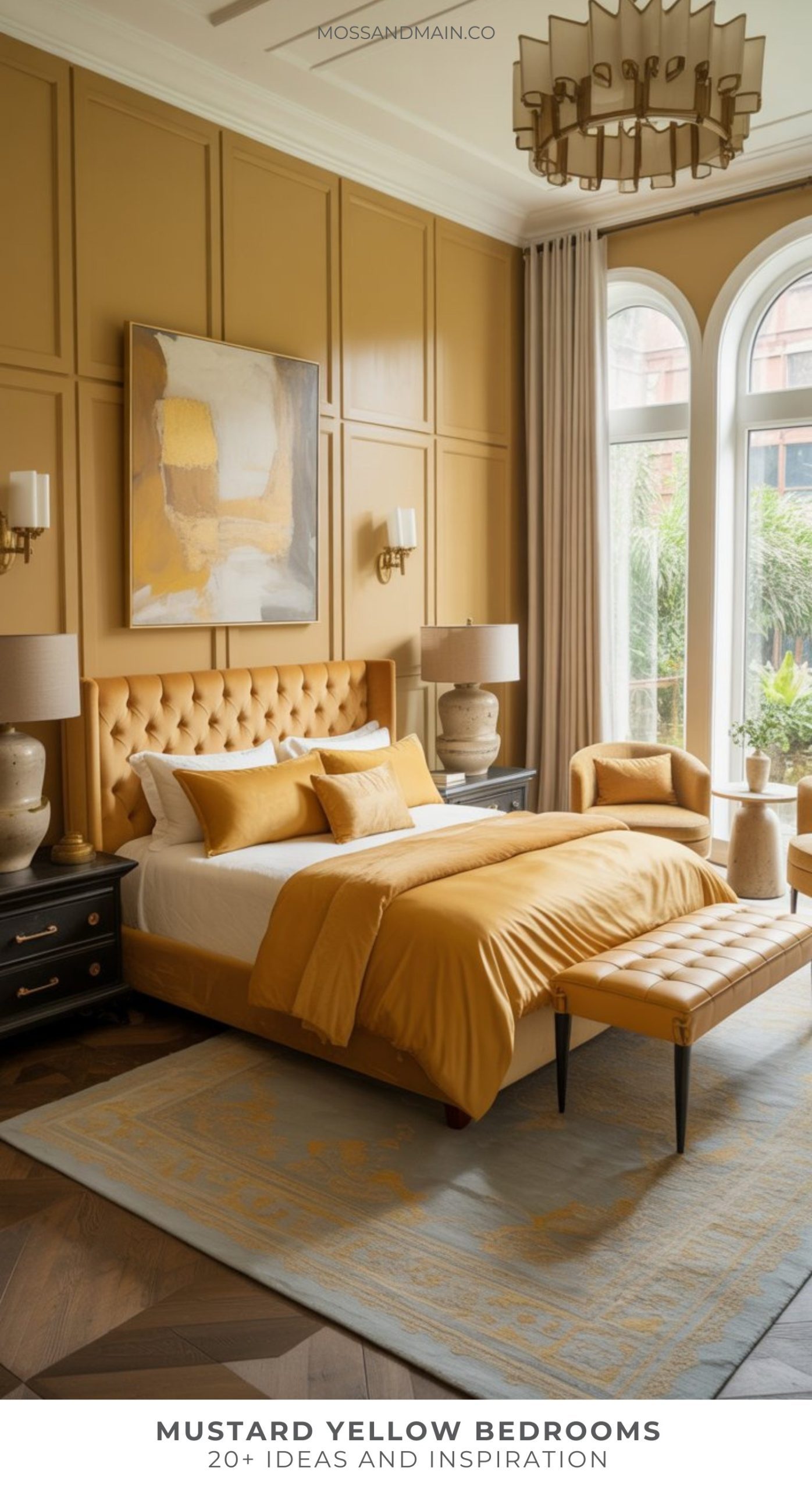 Elegant bedroom decor featuring mustard yellow walls, a tufted headboard, cozy bedding, and bench. Large windows fill the space with light. Black nightstands, matching lamps, abstract wall art, and a decorative rug offer chic decor ideas for a sophisticated look.