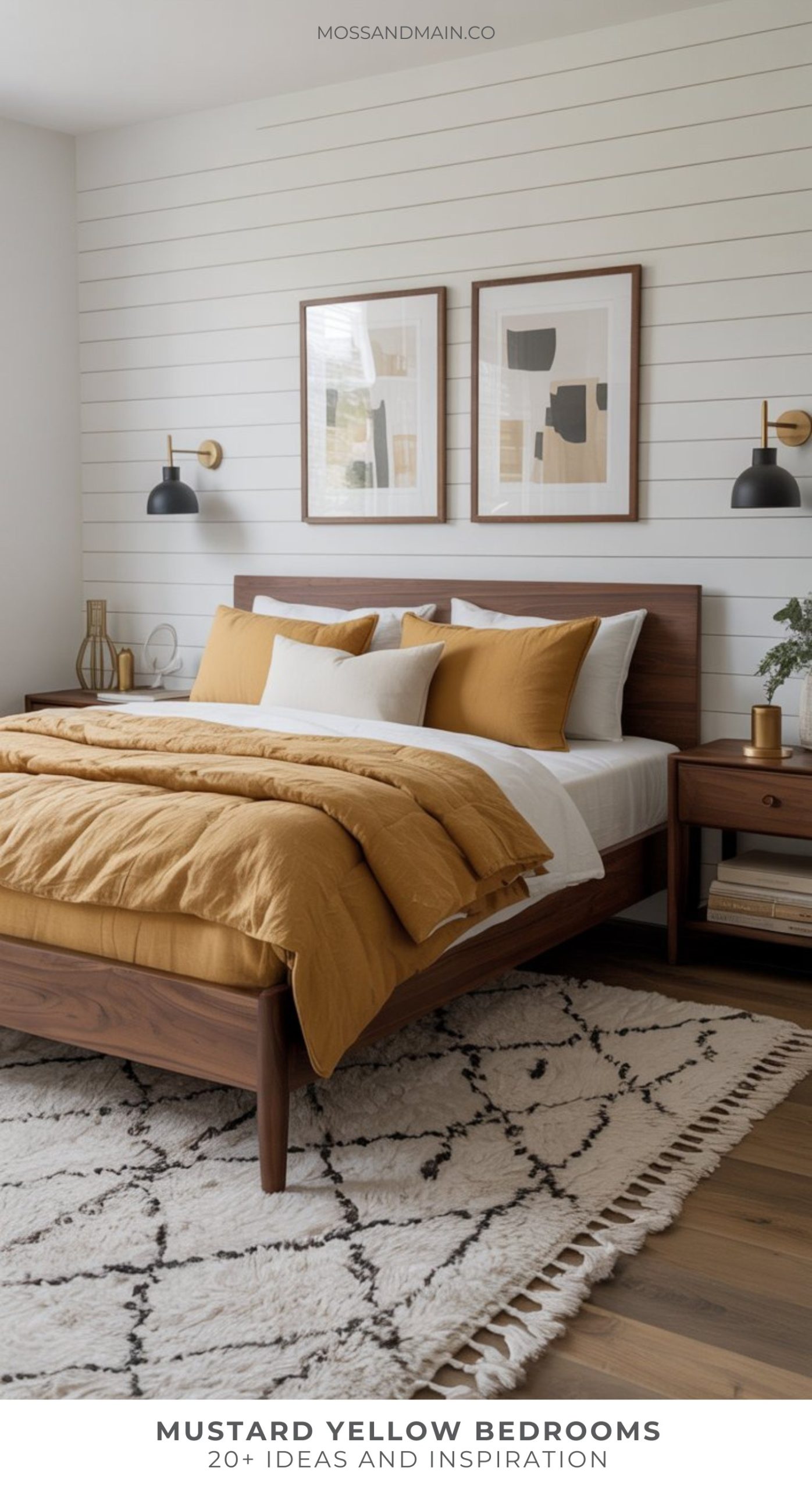A modern bedroom featuring a wooden bed frame, mustard yellow bedding, stylish Bedroom Decor with white and mustard pillows, two abstract art pieces above the bed, black wall sconces, a wooden nightstand, and a patterned white rug on a wooden floor.