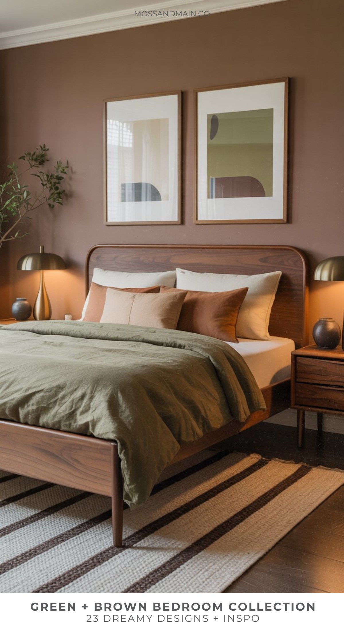 A modern, moody bedroom featuring a wooden bed frame, olive green bedding, brown and beige pillows, two nightstands with lamps, abstract art on the wall, and a striped rug on the floor.