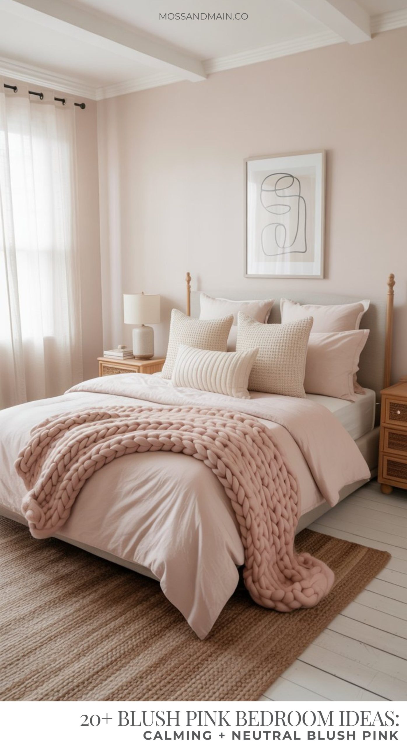 A cozy blush pink bedroom with chunky knit throw, neutral pillows, a wooden bed frame, bedside tables, lamps, abstract wall art, and natural light streaming through sheer-curtained windows.