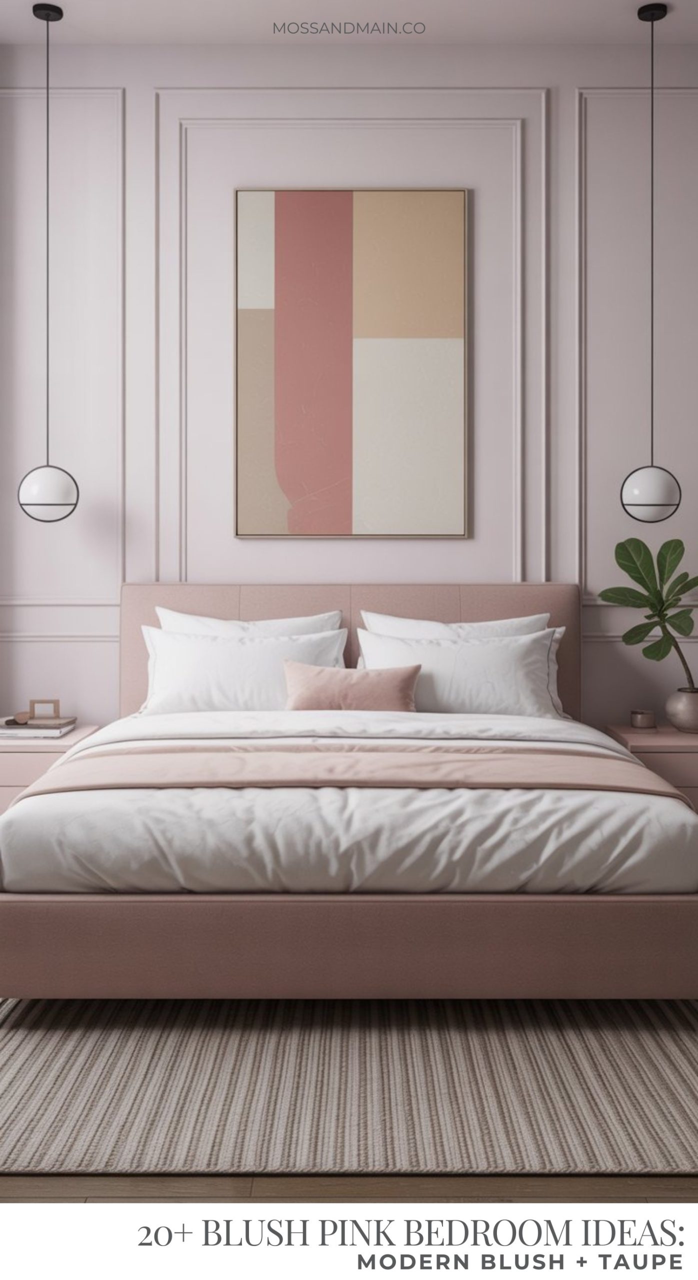 A stylish blush pink bedroom with matching walls and bed, white bedding, a taupe and pink abstract painting above the headboard, two pendant lights, a potted plant, and a striped rug on the floor.