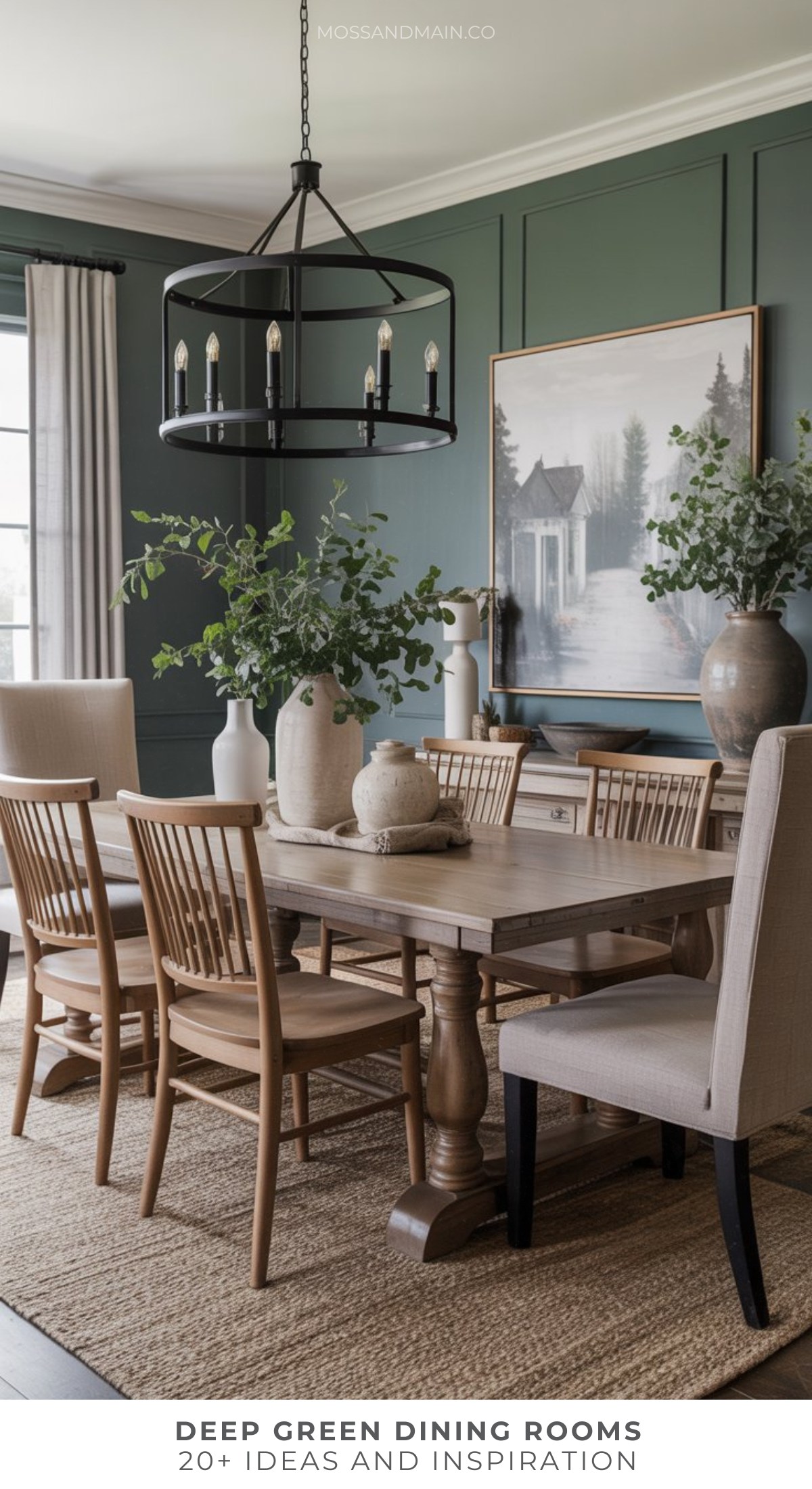 A dark green dining room with deep paneled walls, a wooden table, beige upholstered and wooden chairs, a black chandelier, large potted greenery, and framed art, styled in a modern rustic aesthetic.