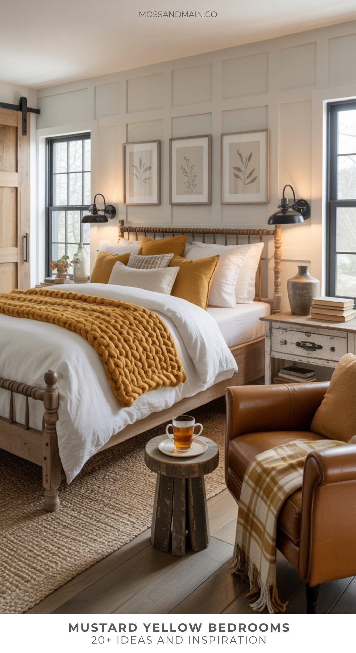 A cozy bedroom with wooden bed and Mustard Yellow bedding, a matching armchair, rustic nightstands, stylish wall art, and large windows. A cup of tea rests on a small round table—perfect inspiration for bedroom decor ideas.