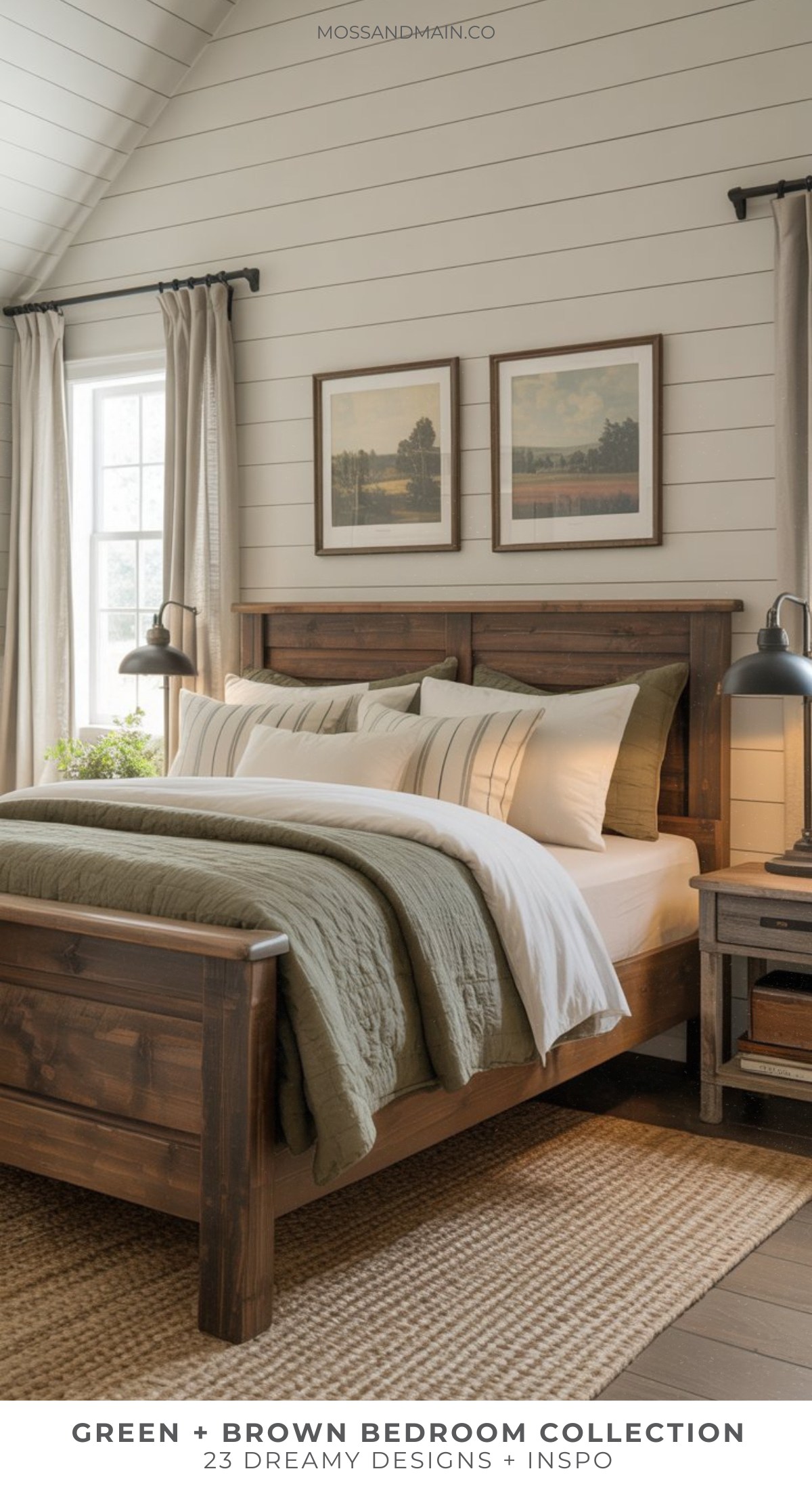 A cozy brown and green bedroom with a wooden bed frame, green and white bedding, two framed pictures above the bed, tan curtains, a side table with a lamp, and a woven rug on a wood floor. Natural light fills the room.