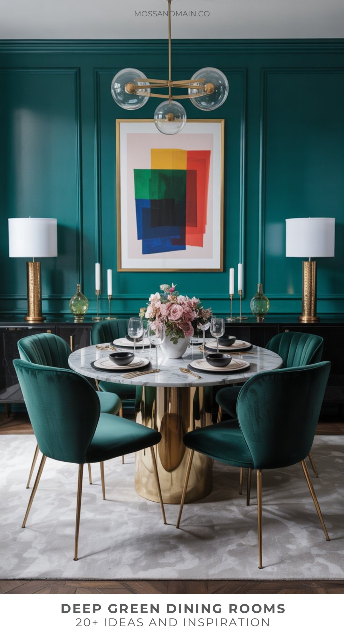 A modern dark green dining room with gold and green velvet chairs, a round white marble table, floral centerpiece, abstract artwork, and gold accents, styled with elegant tableware and decorative lamps.