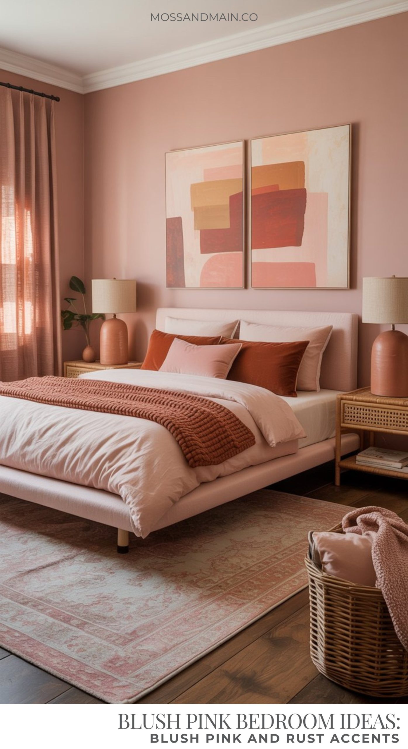 A stylish blush pink bedroom features blush walls, a cozy bed, rust-colored pillows, abstract wall art, woven baskets, and matching lamps. Natural light pours through sheer pink curtains, highlighting the modern decor.