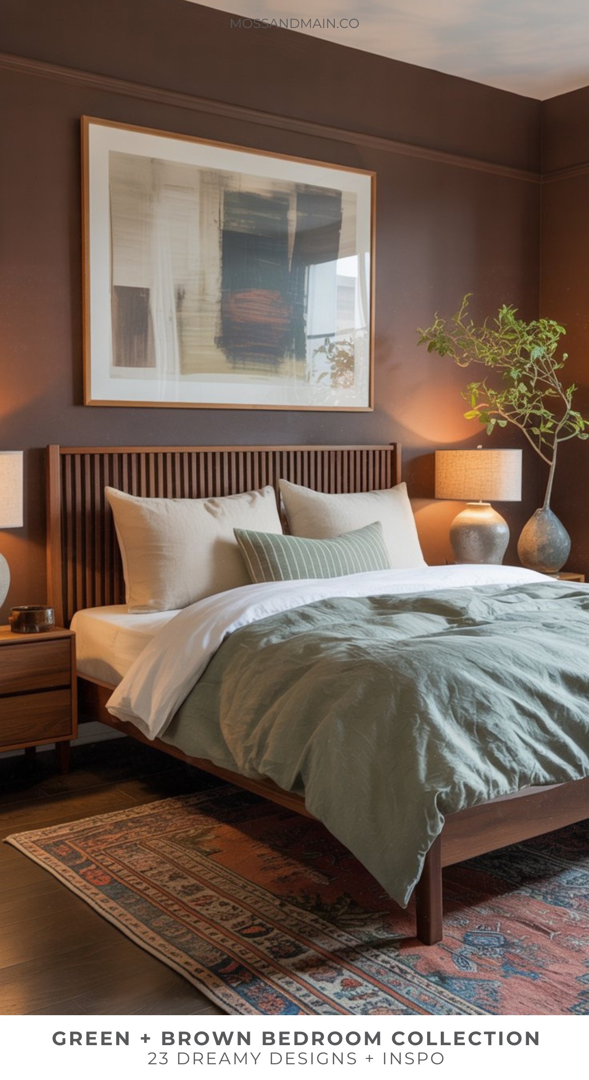 A cozy Dark Brown Bedroom with moody walls, a wooden bed frame, green bedding, neutral pillows, bedside tables with lamps, a large framed artwork above the bed, a potted branch, and an earth-toned rug—perfect for Green Bedroom Ideas.
