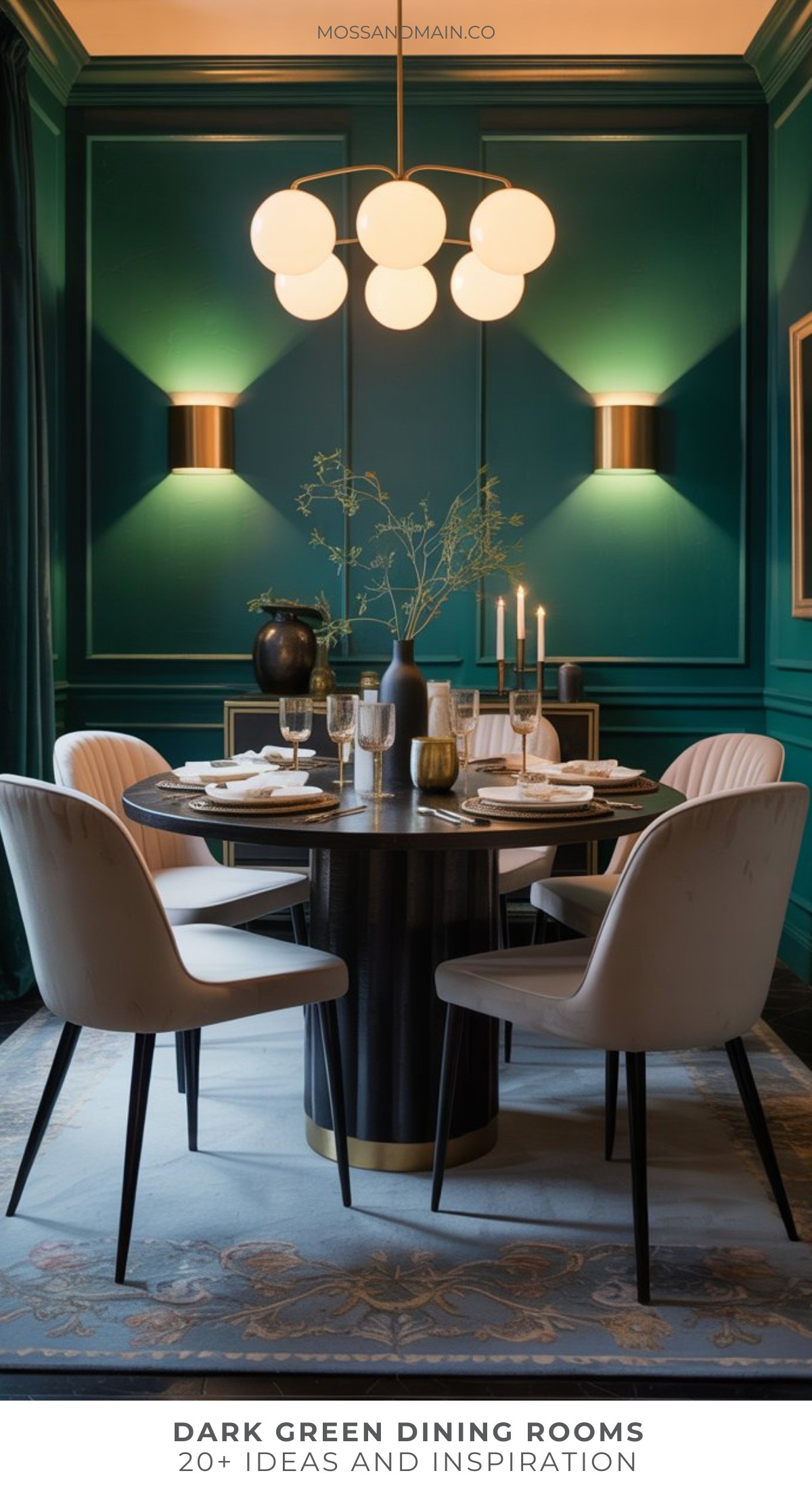 A stylish dark green dining room features modern gold wall sconces, a round black table set for dinner, four light-colored chairs, candles, and elegant decor accents.