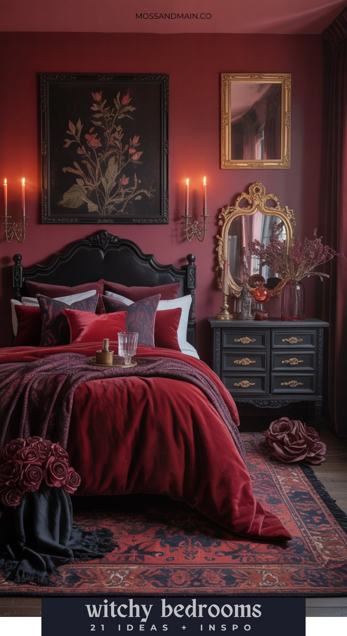 A moody bedroom with deep red walls, black ornate bed, dark floral bedding, red velvet pillows, vintage gold mirrors, candelabra, and gothic decor—perfect inspiration for those seeking witchy bedroom ideas. Text reads: witchy bedrooms.