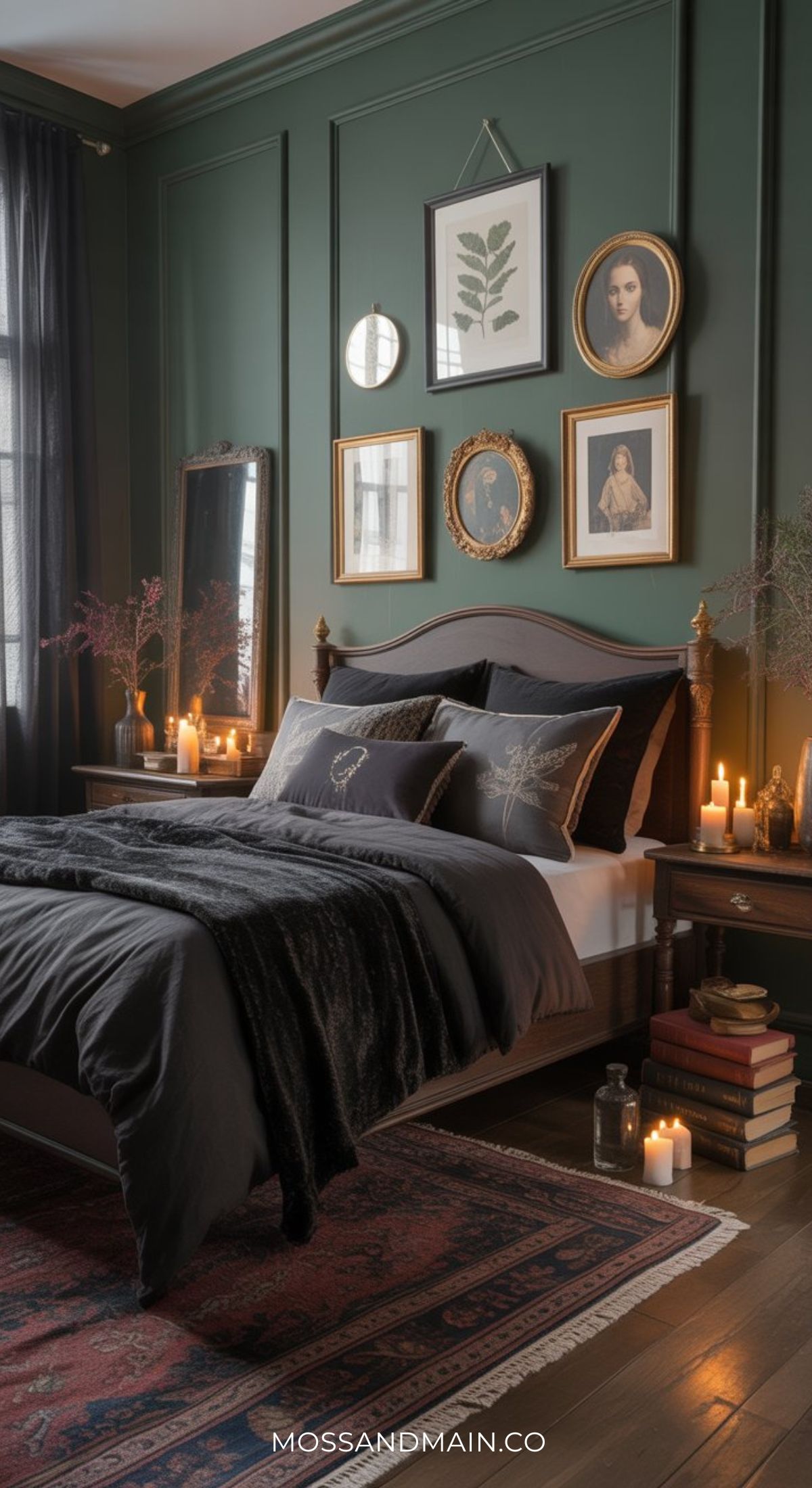 A cozy, witchy bedroom with dark green walls, vintage framed portraits, a wooden bed with dark bedding, candles on nightstands, books stacked on the floor, and soft natural light. A rug and plants add warmth to this enchanting space.