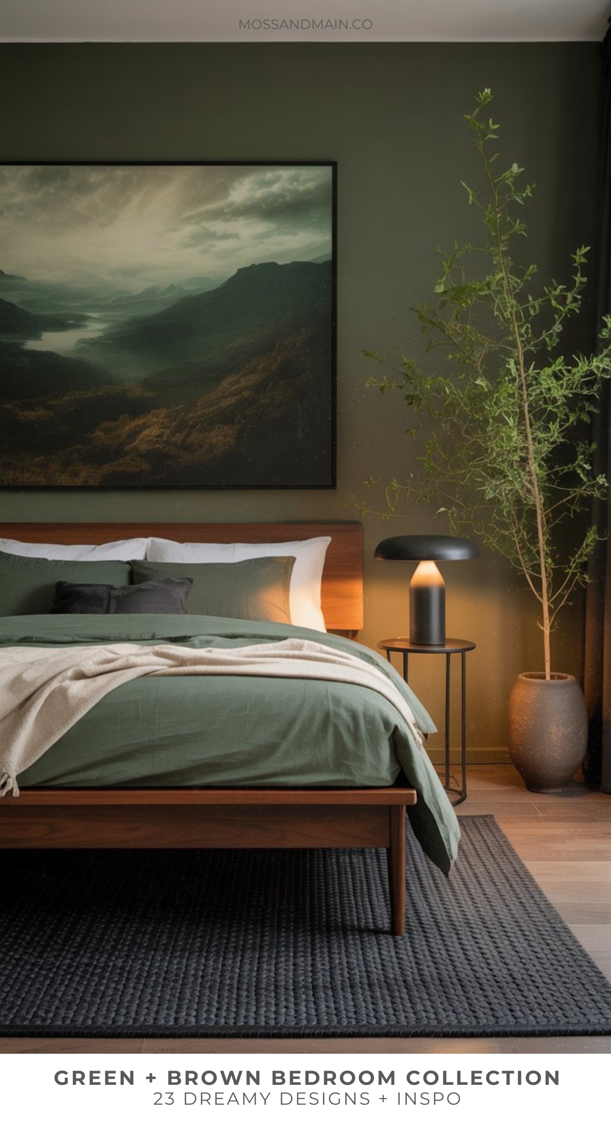 A modern green bedroom with moody vibes features a large landscape artwork, a wooden bed with green bedding, black lamp, leafy plant, and dark rug. Text at the bottom reads, “Green + Brown Bedroom Collection.”.