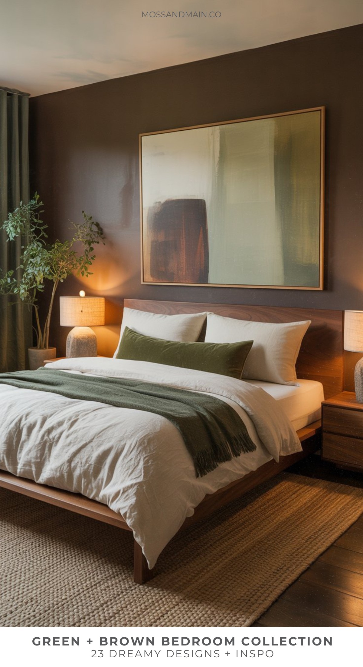 A cozy green bedroom features a dark brown bed, white bedding, and a green throw. Large abstract art, bedside lamps, and a plant complete this warm, moody bedroom—perfect inspiration for those seeking green bedroom ideas.