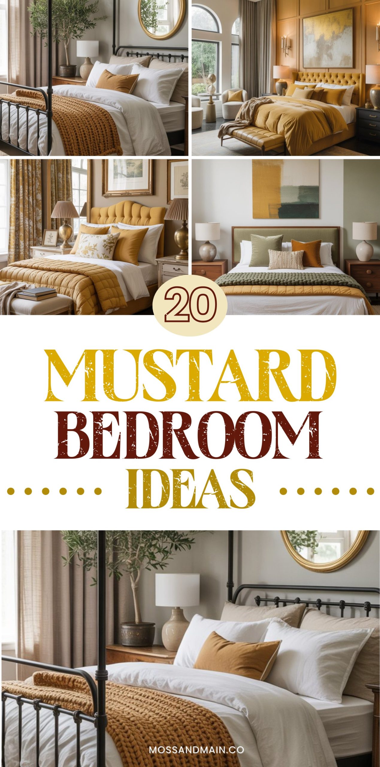 A collage of stylish bedrooms featuring mustard yellow decor in bedding, pillows, and accents, with cozy modern furnishings and natural light. Text in the center reads: 20 Mustard Bedroom Ideas for fresh bedroom decor ideas.