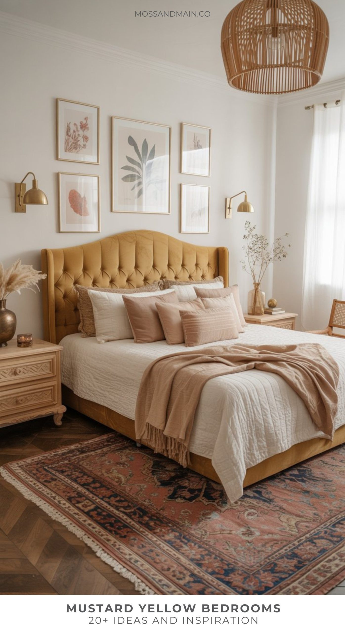 A cozy bedroom featuring a mustard yellow tufted bed, neutral bedding, wooden nightstands, brass sconces, a patterned rug, framed art, and natural light—perfect for inspiring bedroom decor ideas.