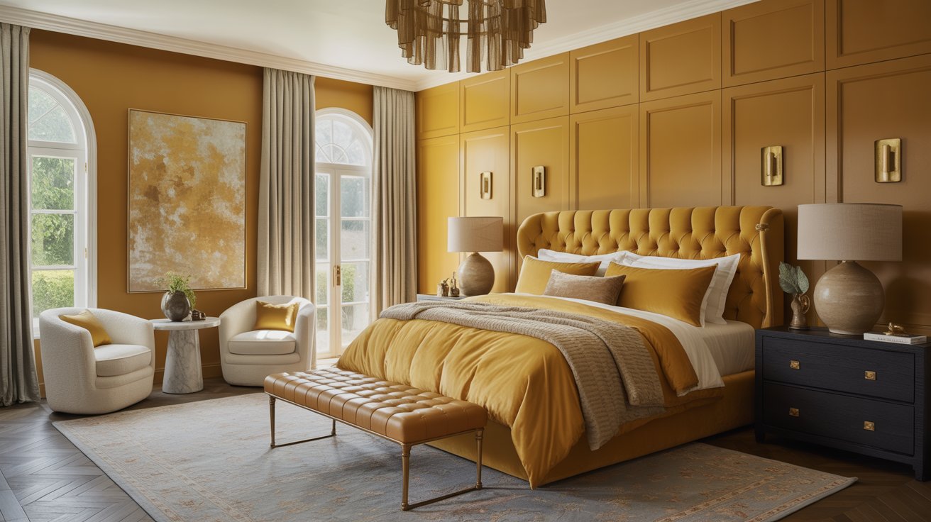 A luxurious bedroom decorated in mustard yellow with gold walls, a tufted gold bed, and bedding. Two white armchairs and a round table sit by arched windows. Large lamps and artwork add to the elegant Bedroom Decor in this sunlit space.