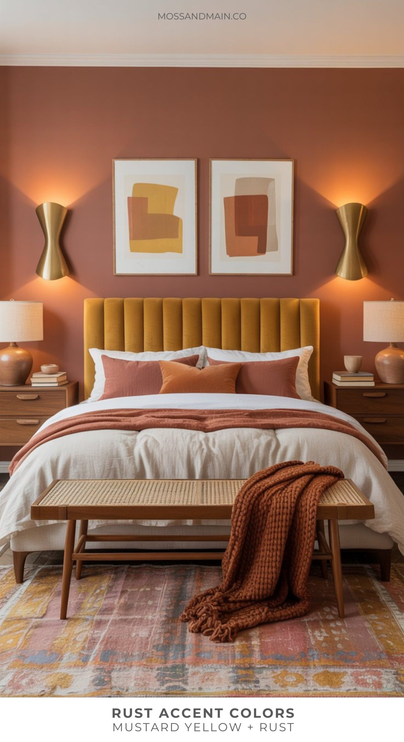 A modern bedroom featuring rust accent colors on the walls, a mustard yellow upholstered headboard, double abstract art, gold sconces, wooden nightstands, and a rust throw blanket. Warm, cozy, and stylish rust home decor throughout.