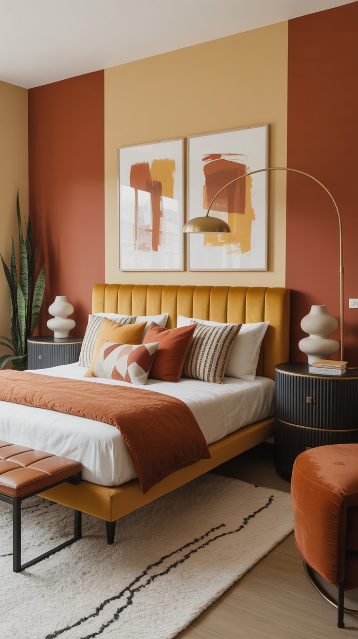 A modern mustard yellow bedroom with rust accents, abstract art, striped and geometric pillows, dark nightstands, sculptural lamps, a gold floor lamp, a large plant, and a cream rug with a black line pattern—perfect for fresh bedroom decor ideas.
